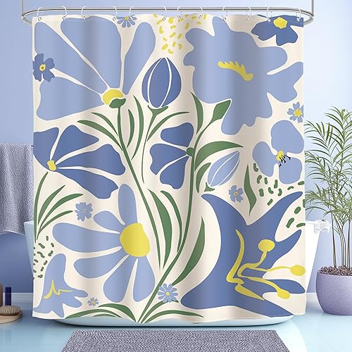 Glawry Cortina de ducha bohemia azul y verde, abstracta, linda, azul marino, Matisse, floral, flores, hojas, retro, Groovy, baño, moderno, 60