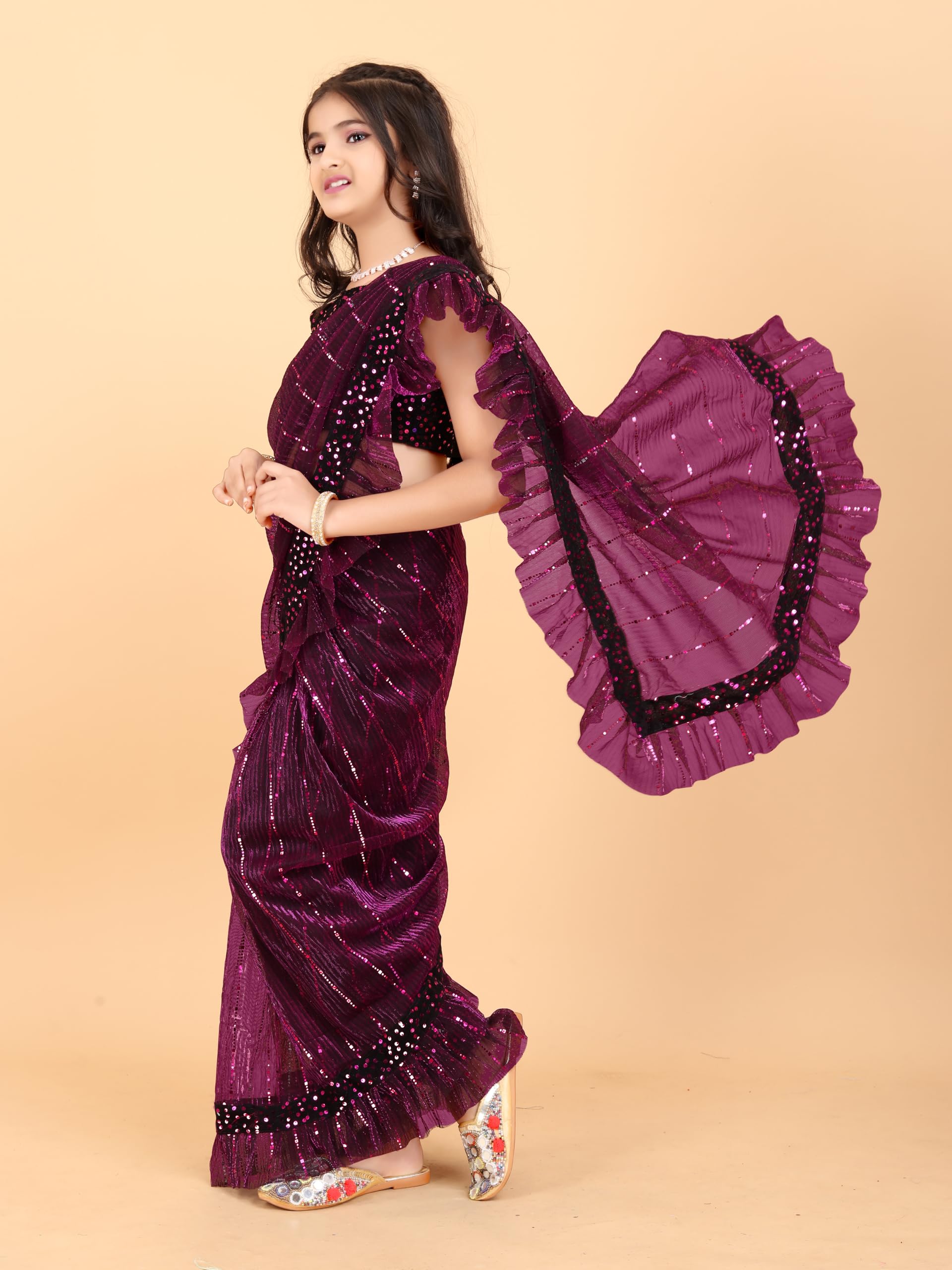 SHRITHI FASHION FAB Kid's Lycra Blend Net Embellished Pattern Ready To Wear Saree with Unstitched Blouse Piece and Plain Weave Type 1