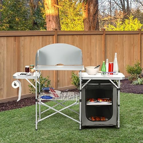 Miniatura 3 de Tangkula Mesa de cocina plegable para acampar, mesa portátil de aluminio con parabrisas, estación de cocina, mesa de cocina de campamento de