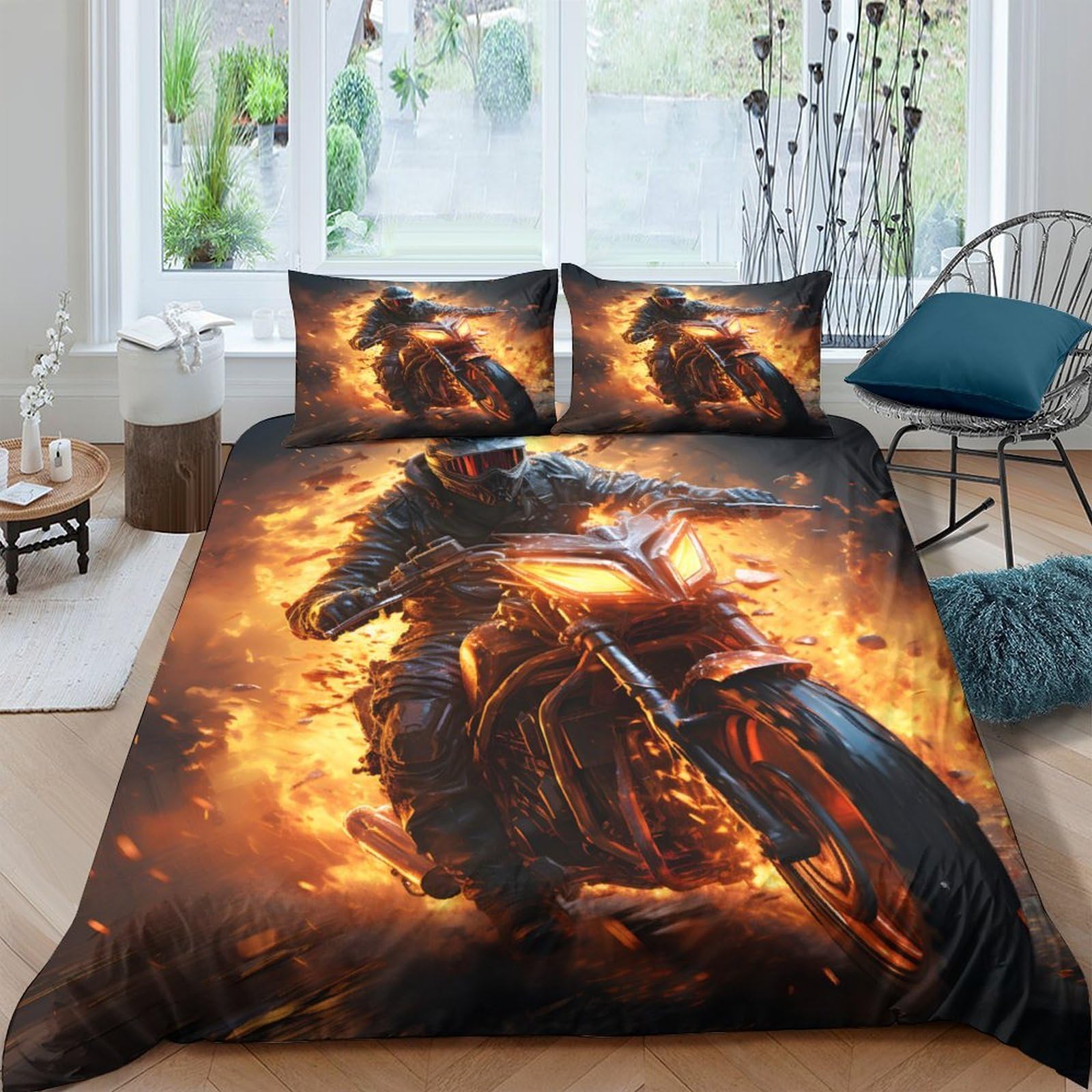 Ctjqhvkz Style-8 3D Printed Fire Motorcycle Fitted Sheet Microfiber Soft Breathable Flame Rider Bed Cover For Bedroom Dorm Decor Single（135X200cm）