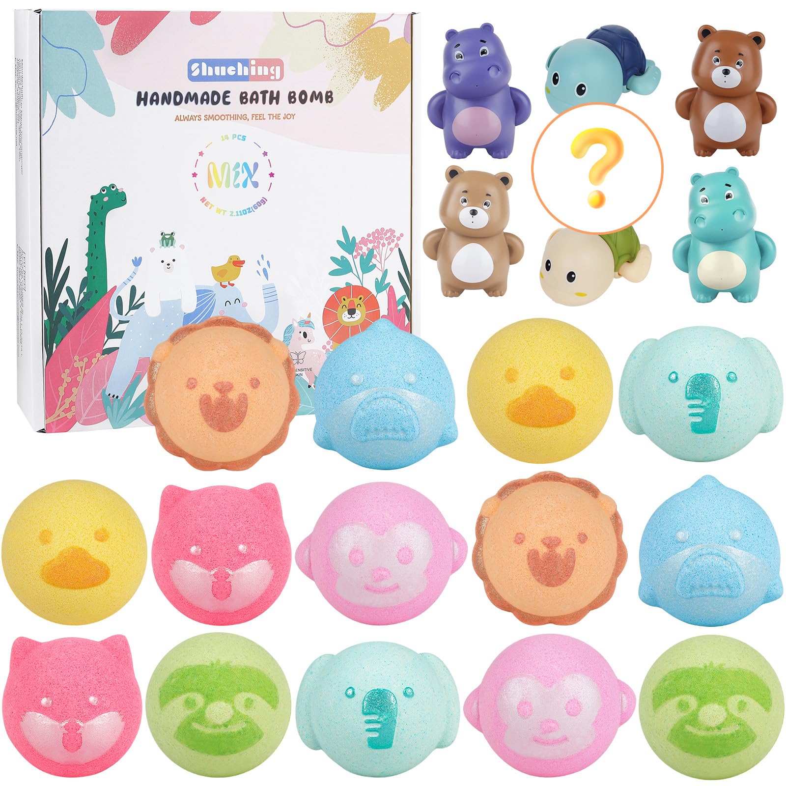 SHUCHING 14 Boules de Bain Enfants Bio, Bombe de Bain Animaux Enfants avec un Pistolet à Eau pour Garcons Filles Pâques Anniversaire