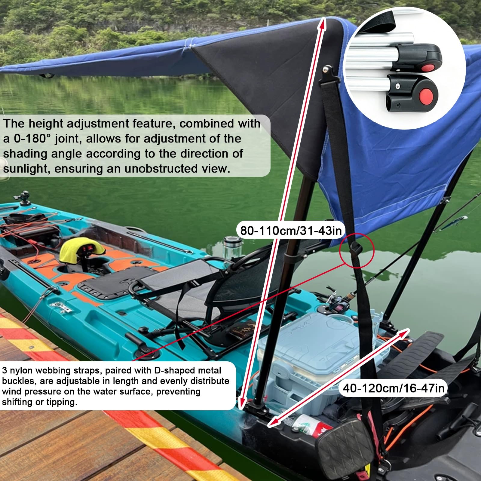 Tendalino Barca, Tendalino per Gommone con Struttura in Alluminio, Tessuto Oxford 600D, 3 Cinghie in Nylon, per Imbarcazioni da 40 a 120 cm di Larghezza(Blue)