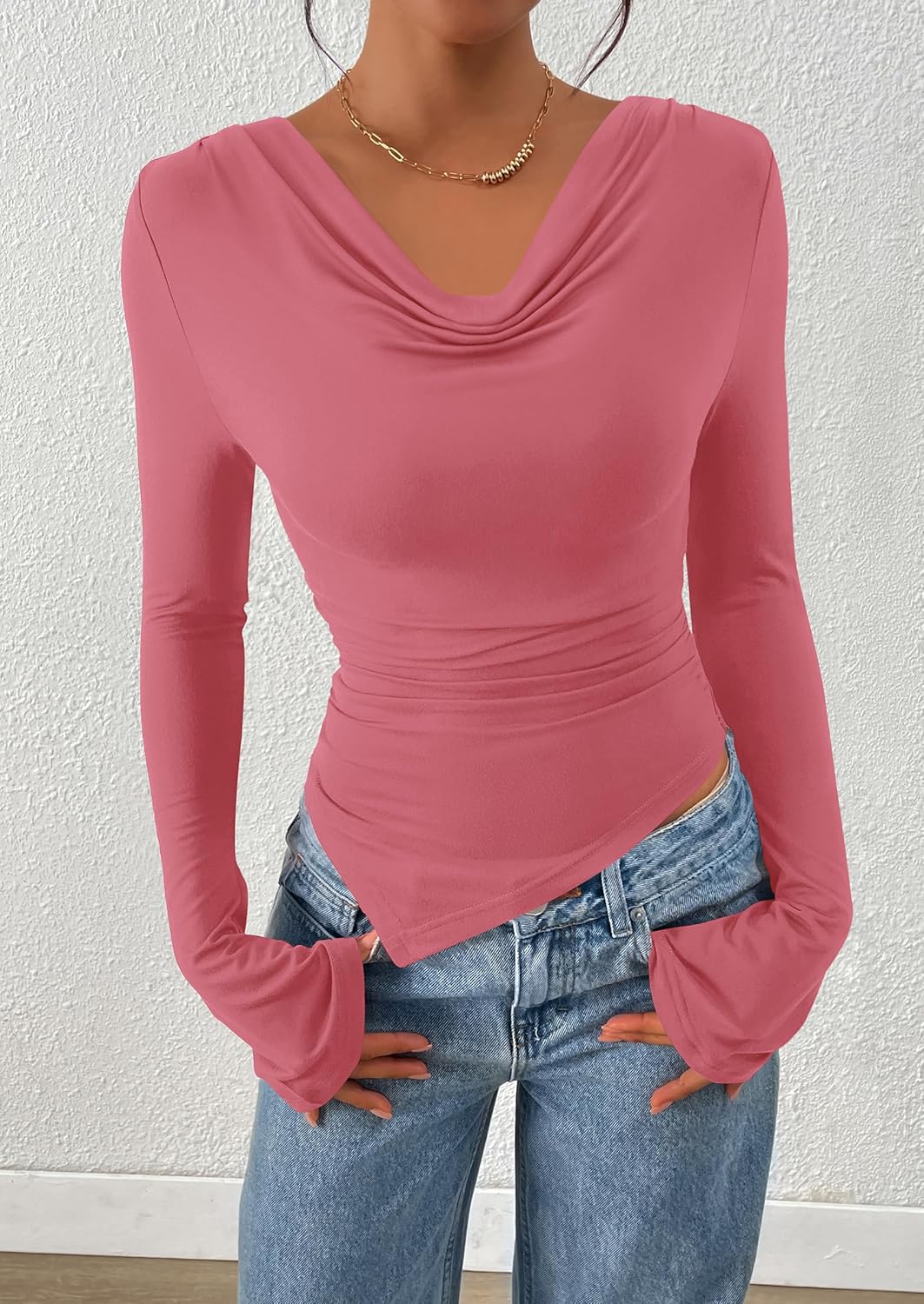 PRETTYGARDEN Womens Bell Long Sleeve Shirts Casual Cowl Neck Asymmetrical Slim Fit Crop Tops Y2K Going Out Spring Clothes - Image 3