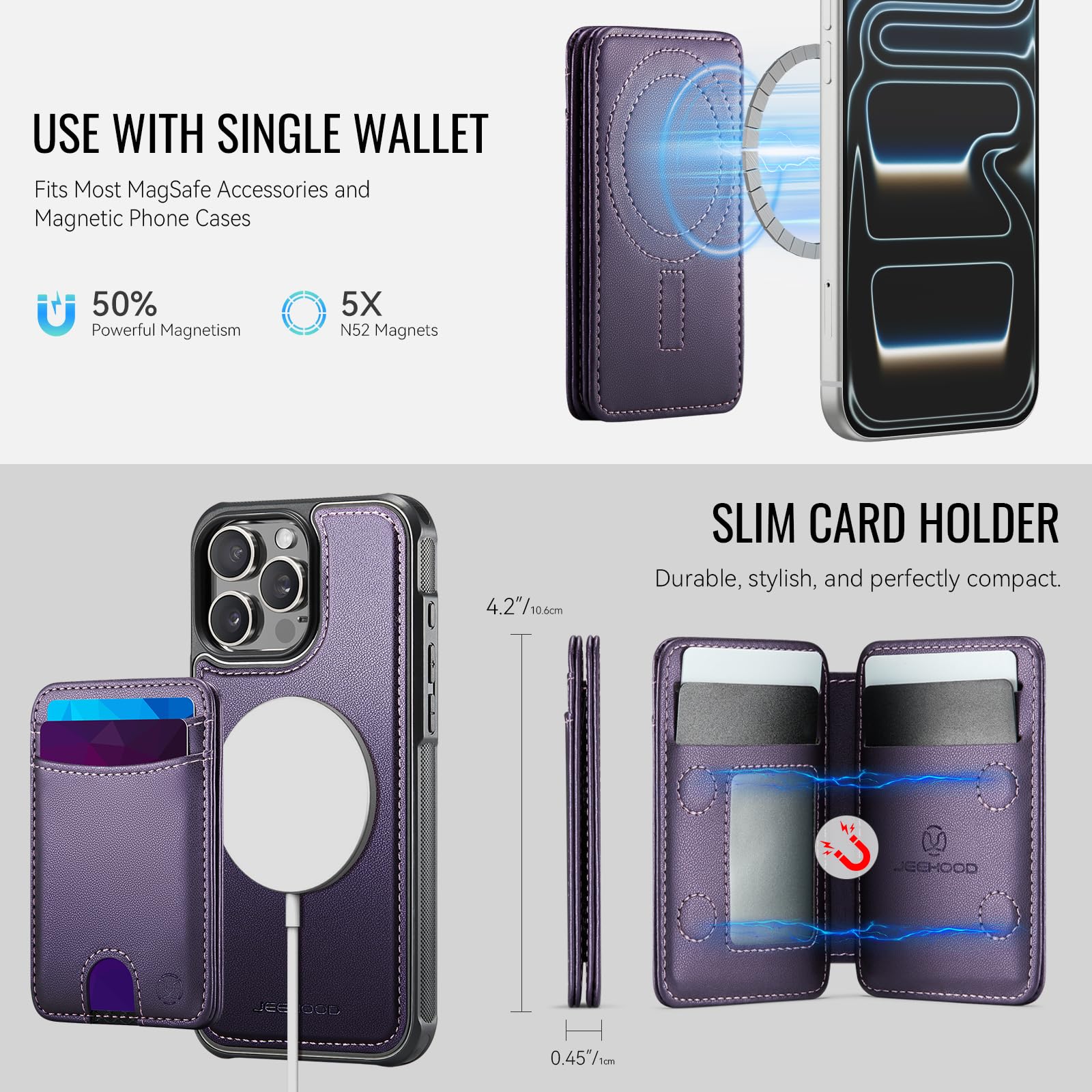 Custodia portafoglio staccabile per iPhone 15 ProMax,［Supporta la ricarica wireless］con RFID e porta carte magnetiche,custodia 2 in 1 in pelle PU per iPhone 15 ProMax（Viola）