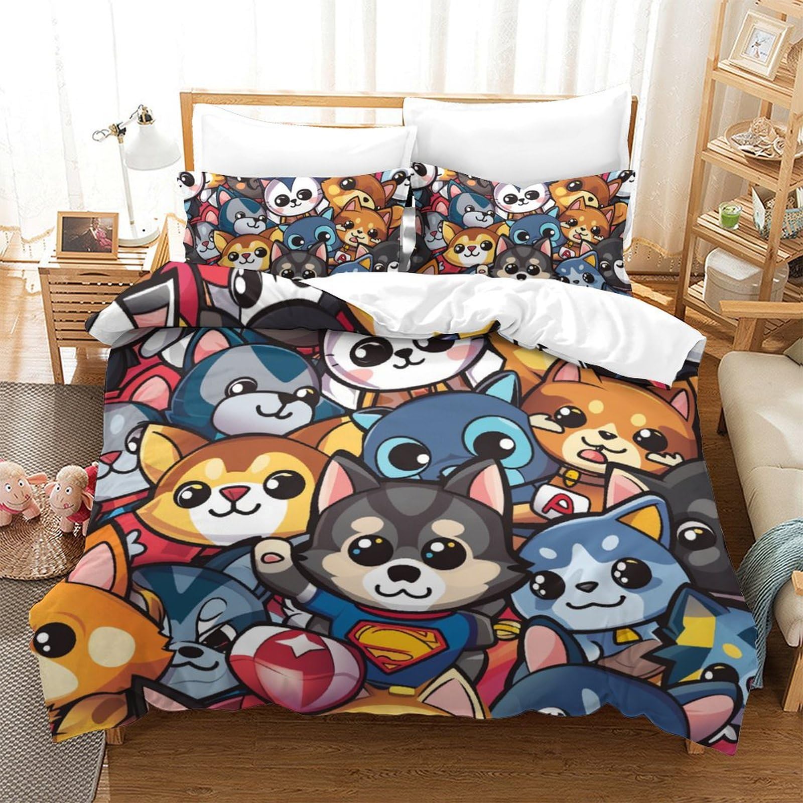 Housse de couette imprimé chien 3D 3 pièces 200x200cm pour lit double adolescent