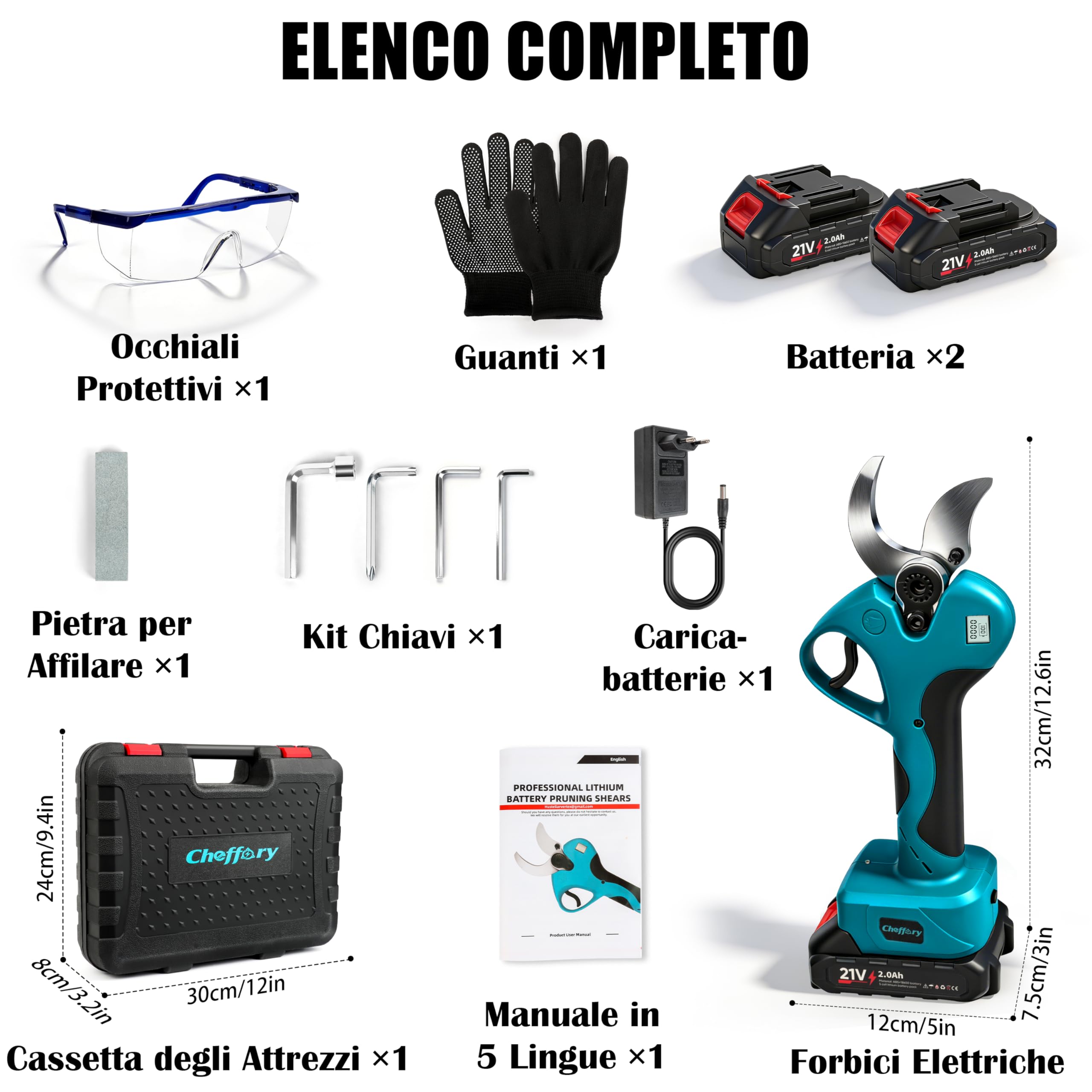 Forbici Potatura Elettriche, 60mm Cesoie Potatura Elettriche Professionali con Lama in Acciaio SK5 800W Motore Brushless Schermo LCD, Forbice Elettrica per Giardino Fattoria (Con Batteria)