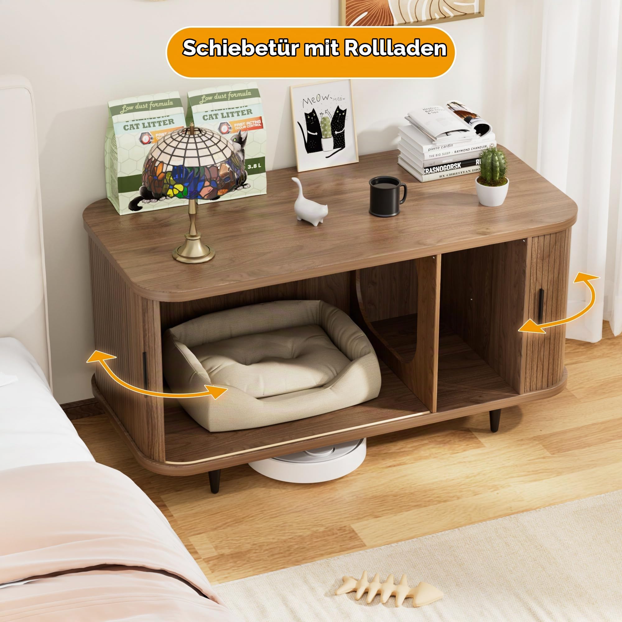 BACEKOLL Katzenklo Schrank mit Rollo-Tür Design, Mid-Century Katzenschrank Holz für große Katzen, Versteckte Katzentoilette mit Stauraum & stabilen Metallbeinen, 105 x 50 x 58 cm, Walnuss