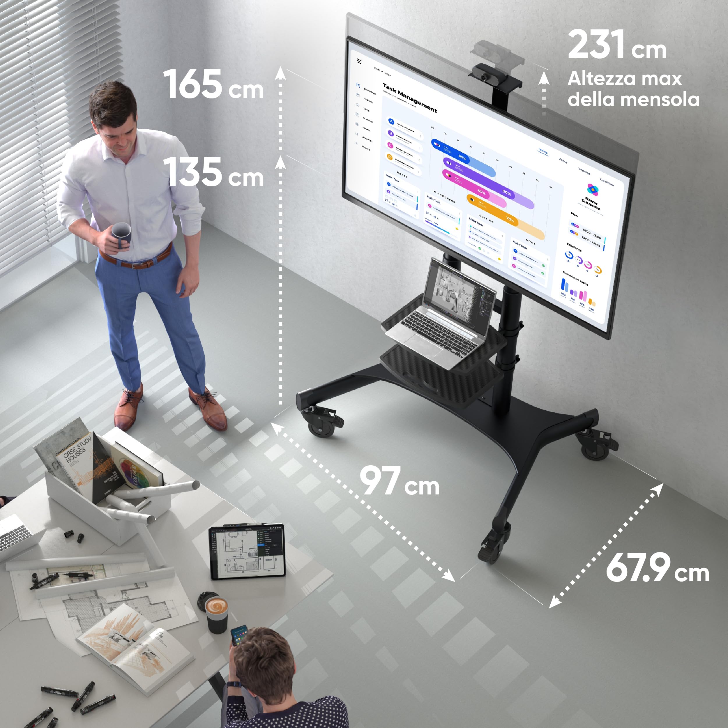 ONKRON Supporto TV da Pavimento 50-86 pollici, Carico Totale fino a 105,9 kg, VESA 200x200-800x500 mm, Carrello Porta TV con Ruote, Porta Televisore da Terra, Mobile, con Ripiani, Nero TS1881-B