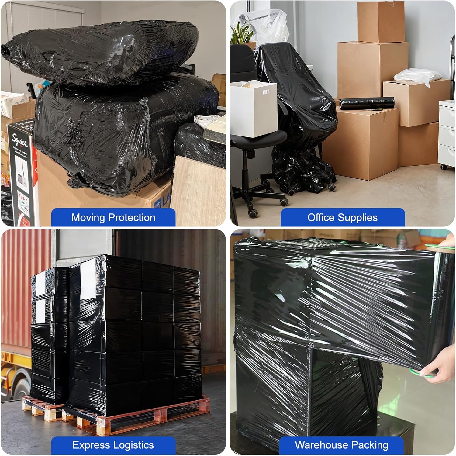 4 Rolls Black Stretch Wrap 12" x 1000 FT x 80 Gauge, Industrial Heavy Duty Stretch Wrap Shrink Film, Durable Self-Adhering for Packing, Moving, Pallet, Included Wrap Holder
