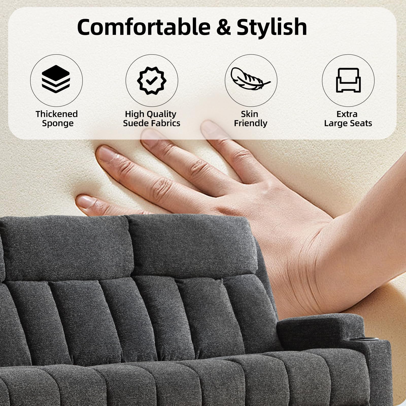CANMOV Manual Recliner Sofa Set, Fabric Reclining Sofa Chair with Side Pockets and Cup Holders, Living Room Set Includes 3 Seat&Loveseat for Bedroom, Meeting Room, Home Theater, Dark Grey view 6
