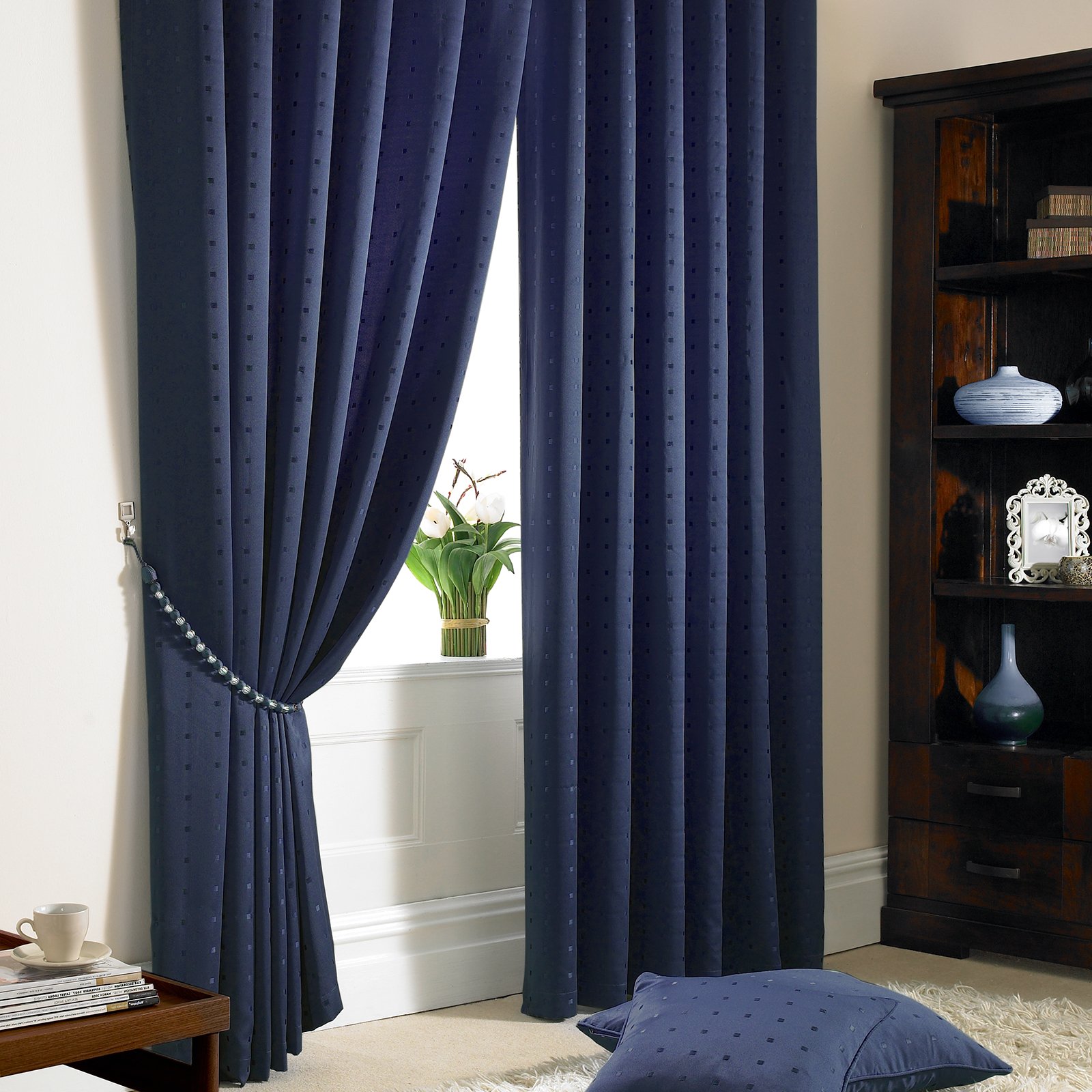 Just Contempo 90x90 inches Washable Jacquard Tape Top Lined Curtains, with Matching Cushions, Navy