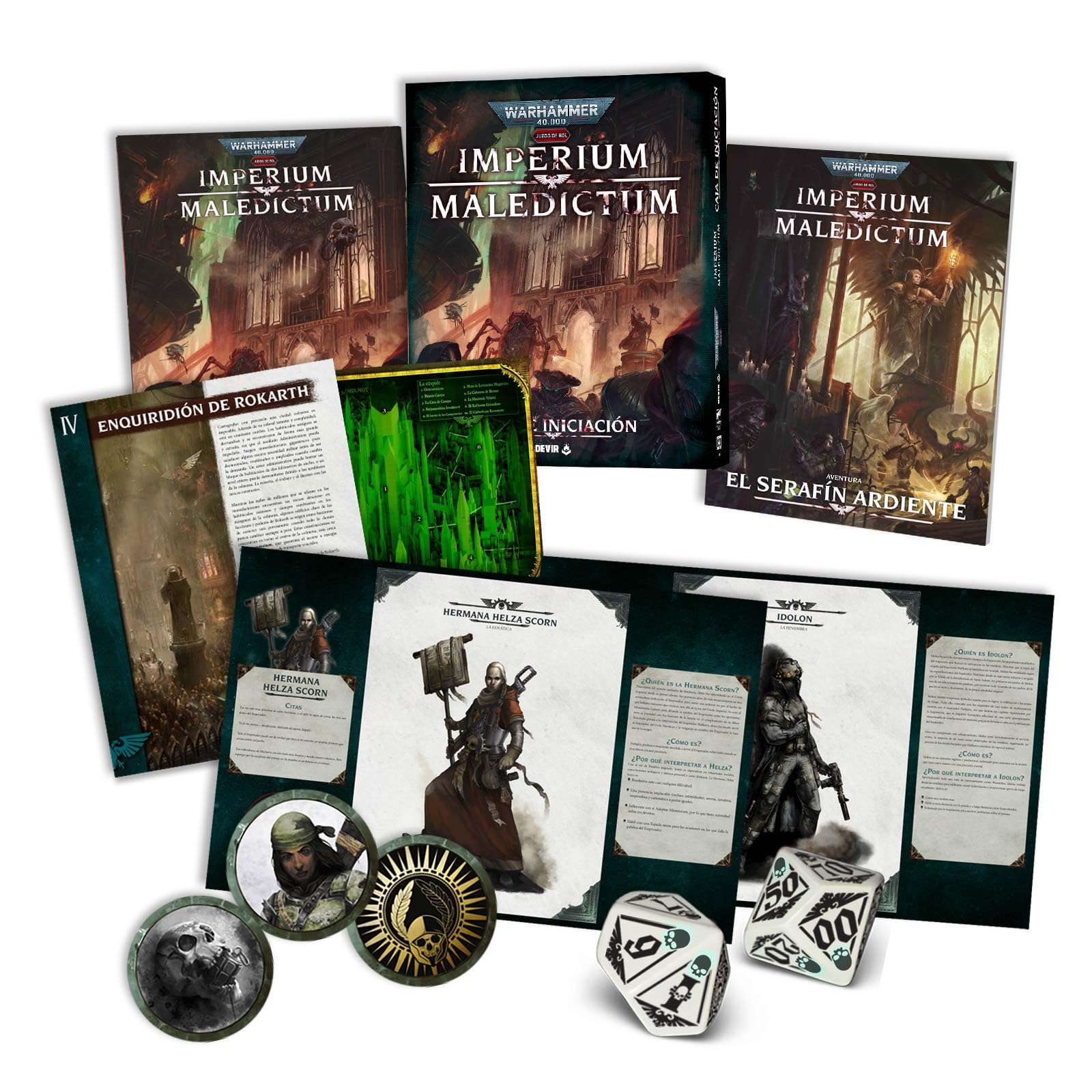 Devir - Imperium Maledictum Caja de Inicio Juego de rol Warhammer 40.000 Temática Ciencia Ficción Grimdark Aventura Inquisitorial Starter Set Completo con Dados y Personajes - Versión Española