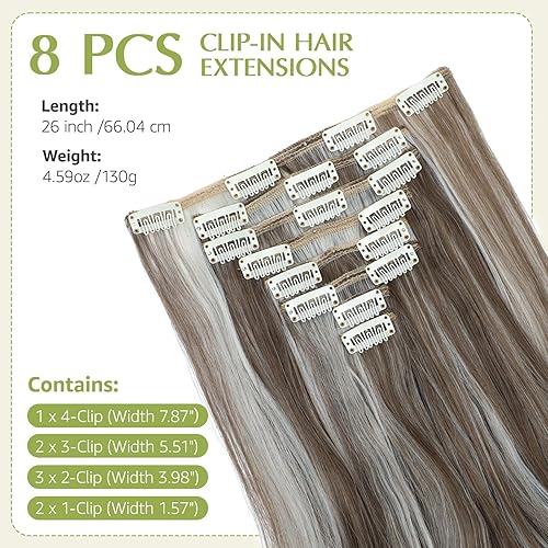 Miniatura 10 de Extensiones de cabello con clip, de 24 pulgadas, 8 unidades, color marrón claro, extensiones de cabello sintético largo ondulado con clip,