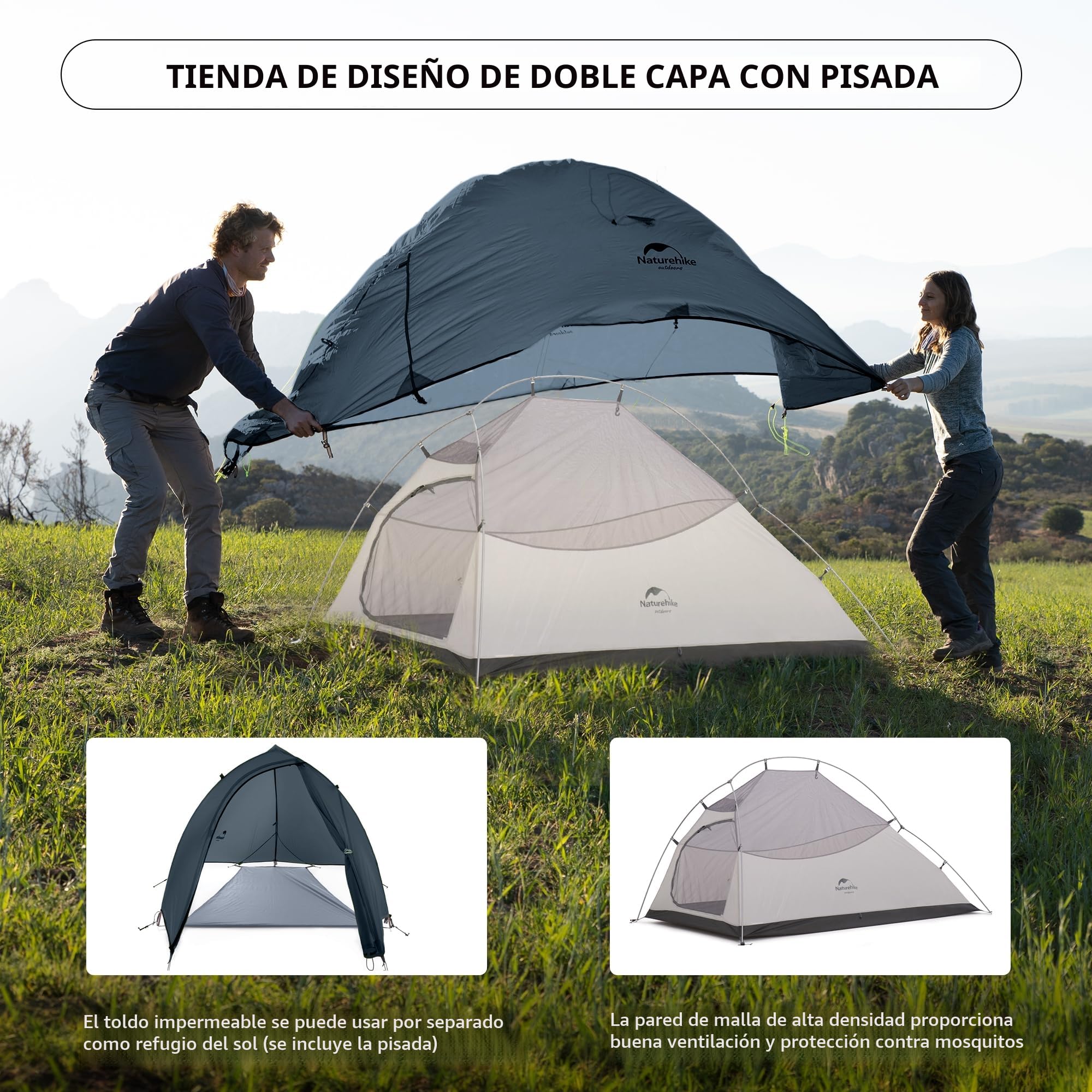 Naturehike Cloud-Up 2 Tienda de Campaña 2 Personas 3-4 Temporada Tienda Mochila Ligera (Actualizar Azul 20D)
