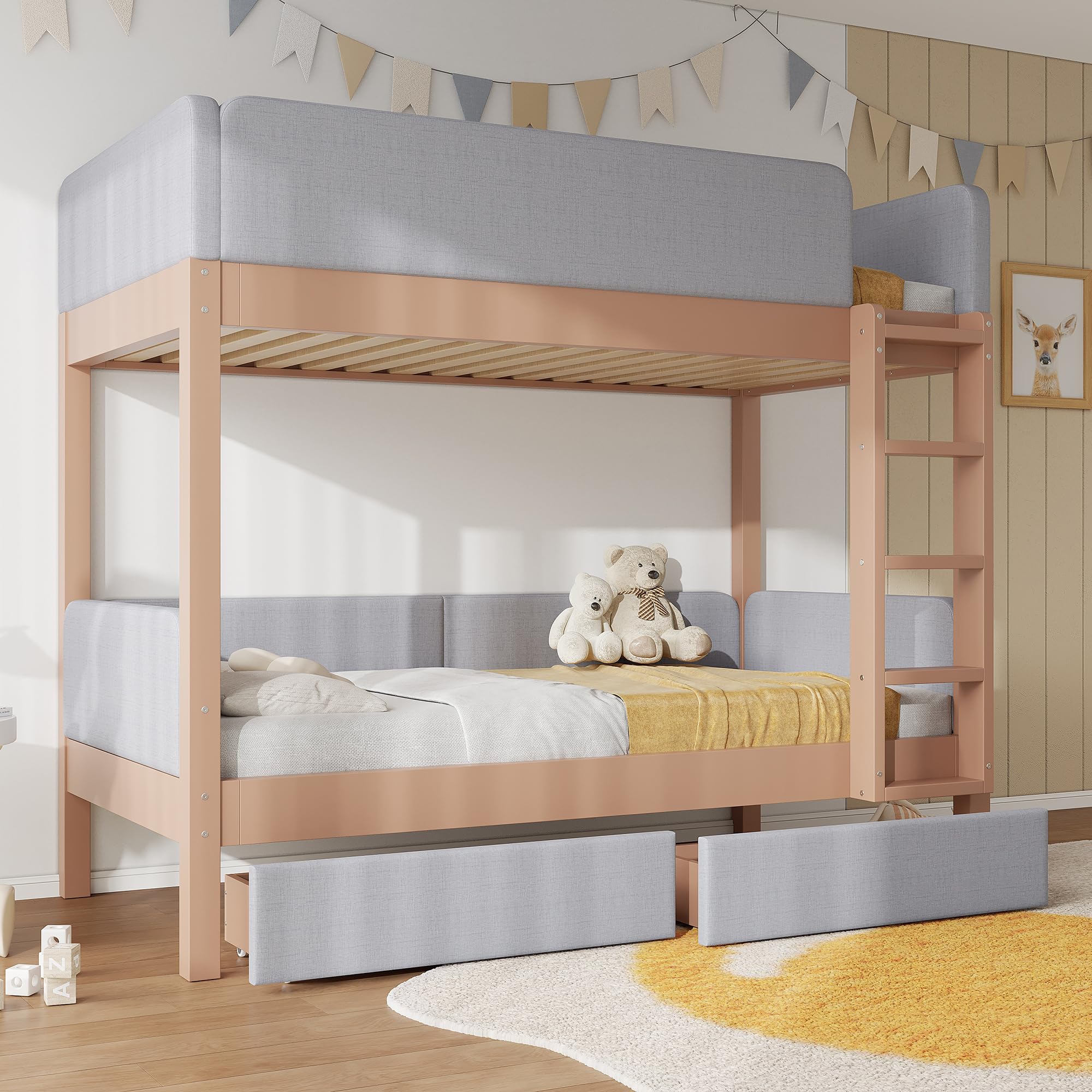 Generisch Letto a castello per bambini, 90 x 200 cm, grigio naturale, in legno di gomma e MDF, con bordo in spugna anti-collisione, scala a 4 gradini, 2 cassetti, rete a doghe stabili per la cameretta