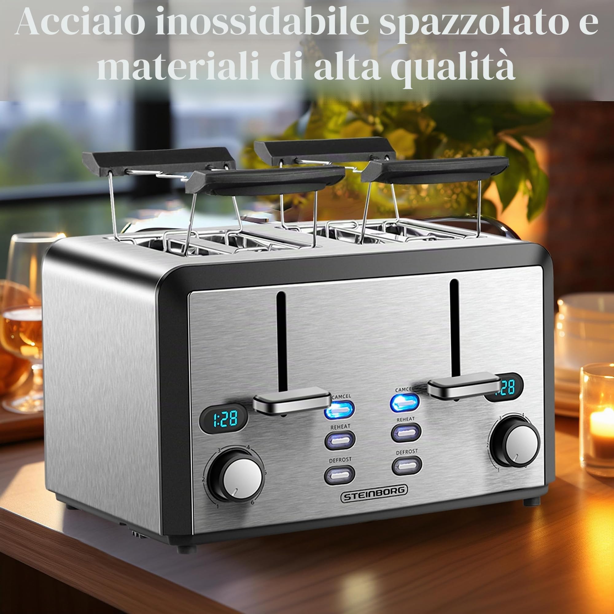 Tostapane XXL con 4 fessure per tostapane | 1600 Watt | 6 livelli | 2 x inserti per panini | funzione scongelamento | 2 x cassetti per briciole | acciaio inox | 4 strati | display LED