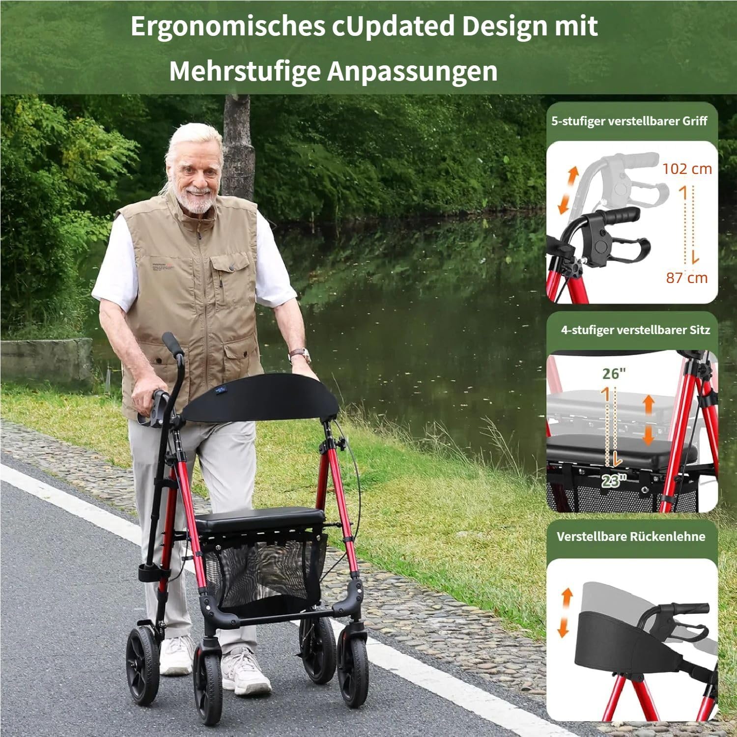 WALK MATE Rollator Faltbar und Leicht mit Sitz,bis 159kg belastbar | Rollator für die Wohnung Outdoor mit Rutschfeste Räder,höhenverstellbare Gehhilfe aus Aluminium inkl.Tasche und Stockhalter