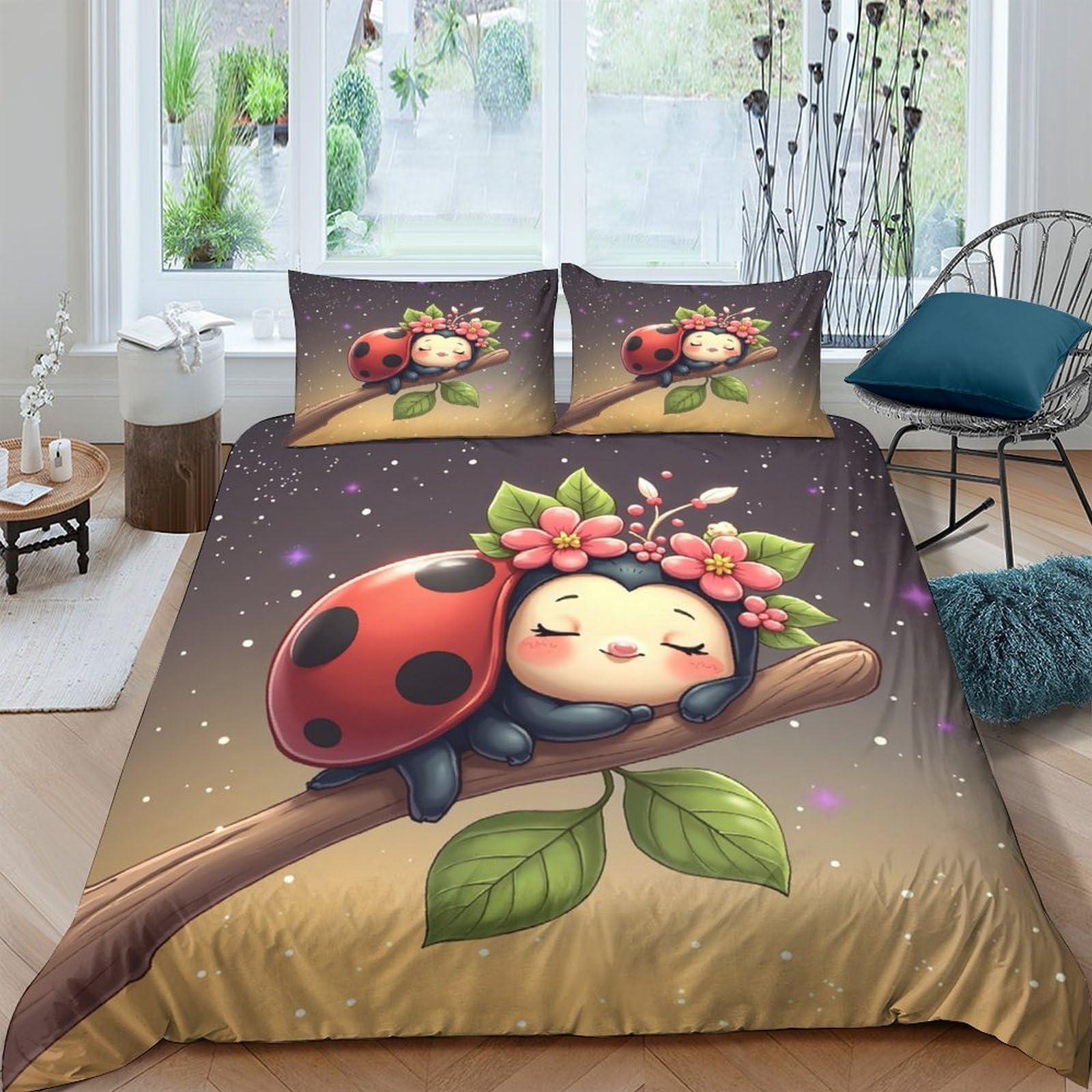 Ctjqhvkz Style-9 3D Printed Cute Ladybug Fitted Sheet Microfiber Brown Cartoon Insect Mattress Cover For Bedroom Guest Room Home Decor Single（135X200cm）