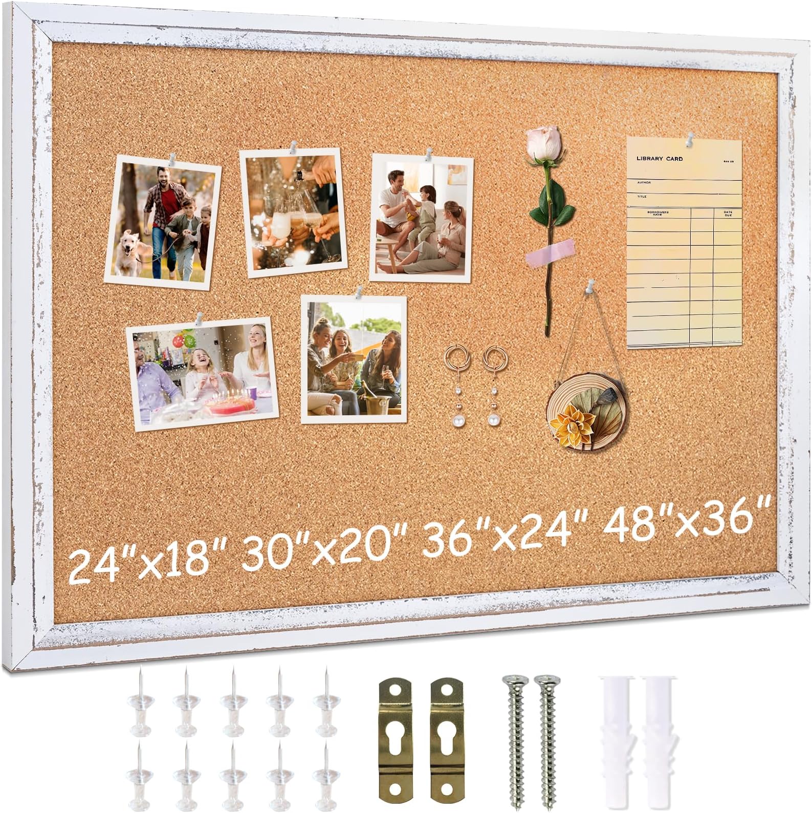 DOLLAR BOSS White Cork Board, 36" X 24" Rustic Framed Bulletin Board | Decorative Pin Board, Wall Hanging, For Office & Home Decor Memo Display, With Pins
