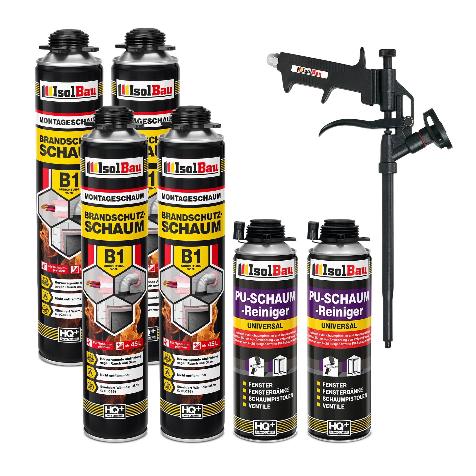 Isolbau - Bauschaum B1 - Montageschaum - PU-Schaum 4 x 750 ml - Pistolenschaum, 2 x PU-Schaum-Reiniger & 1 x Schaumpistole - 1K Brandschutzschaum - Dämmschaum - Abdichtung, Wärmedämmung