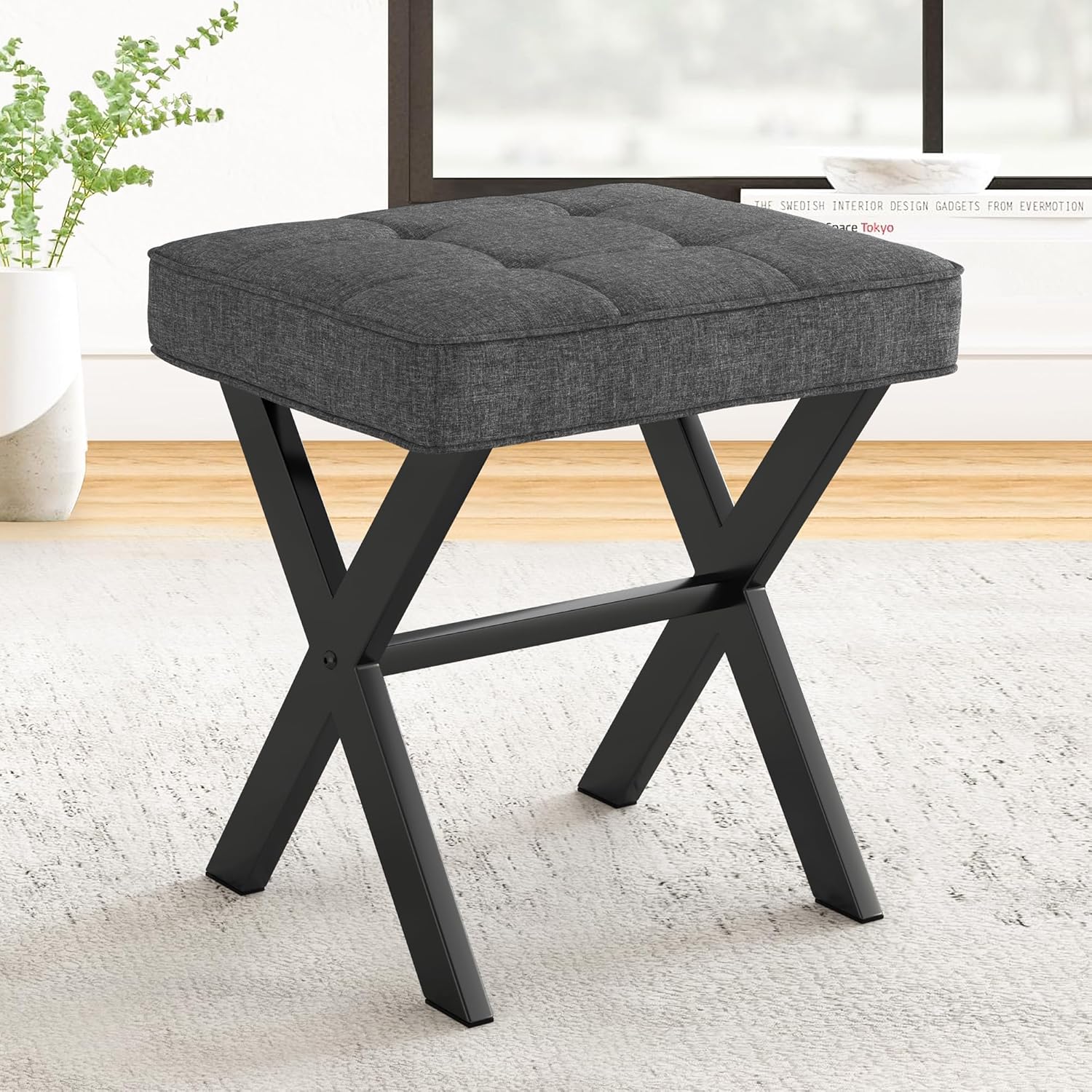 (Similar) LUE BONA Vanity Stool, Square Linen Makeup Stool with Metal X Legs, Small Ottoman Stool Chair for Vanity, Modern Padded Vanity Seat Foot Rest Stool for Makeup Room, Living Room, Bathroom, Carbon Gray
