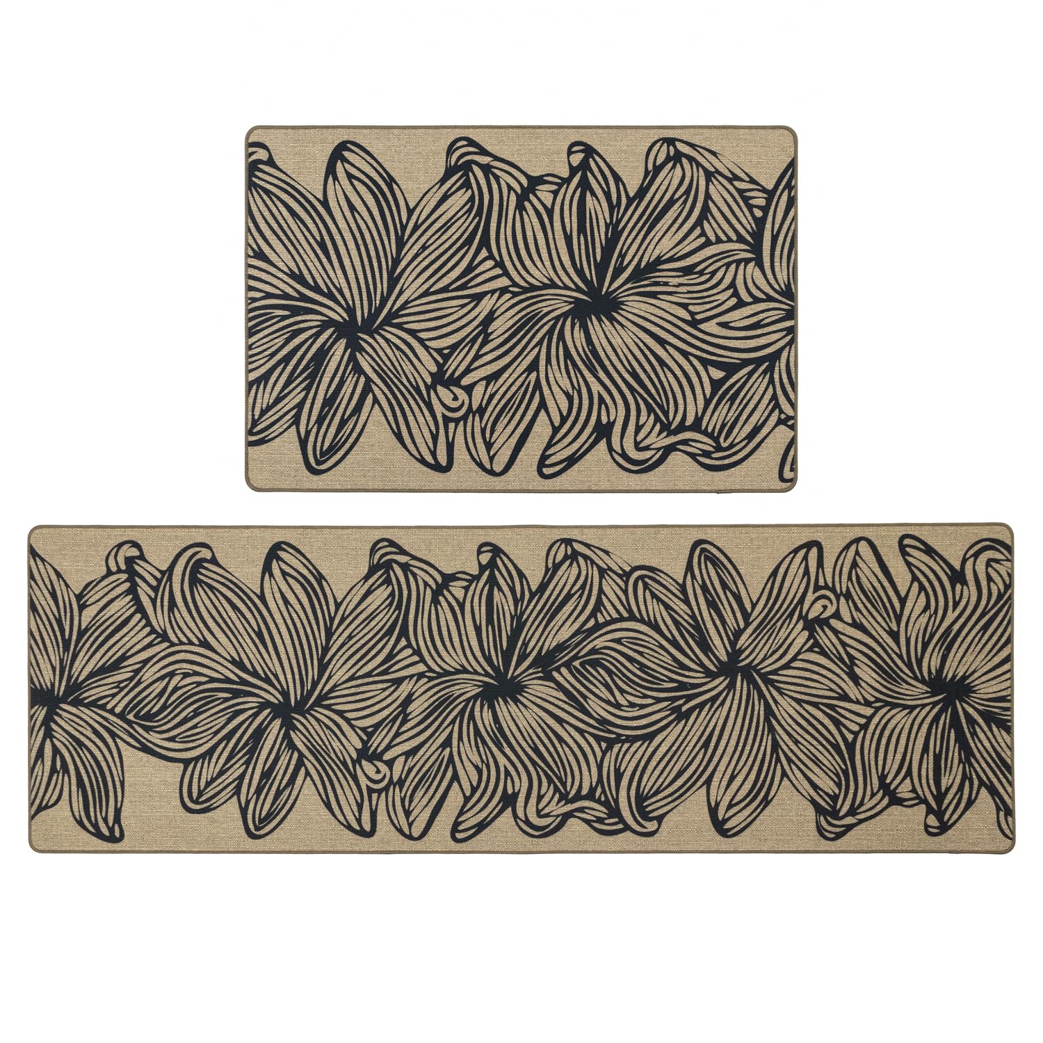 JVL Elegance Doormat and Runner Set - Flower Print, Black, Machine Washable