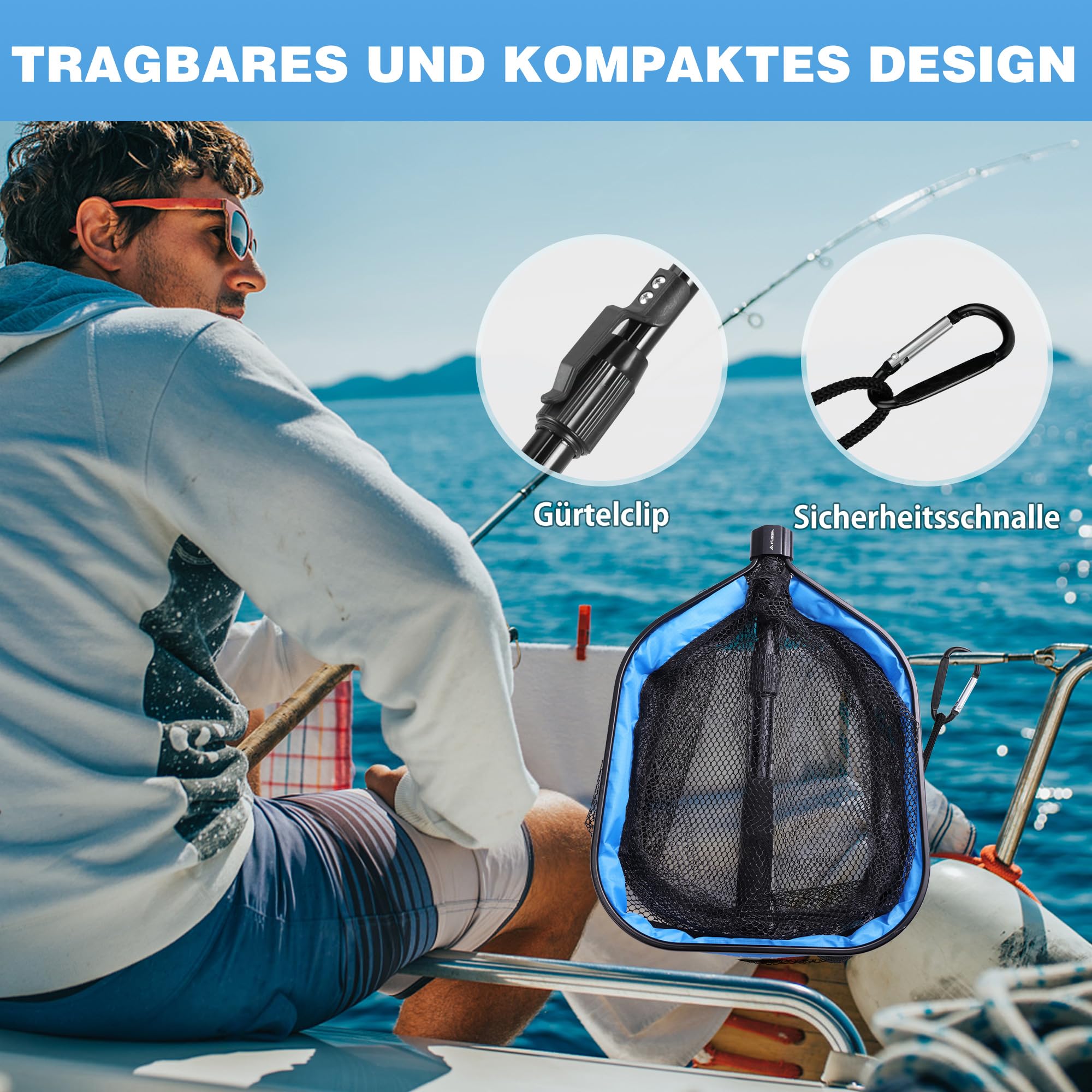 FLISSA Kescher Angeln, Schwimmender Fischkescher, Gummierter Angelkescher, Faltbar, ausziehbar & fischschonend, Ideal für Fliegenfischen, Kajak- oder Bootsangeln