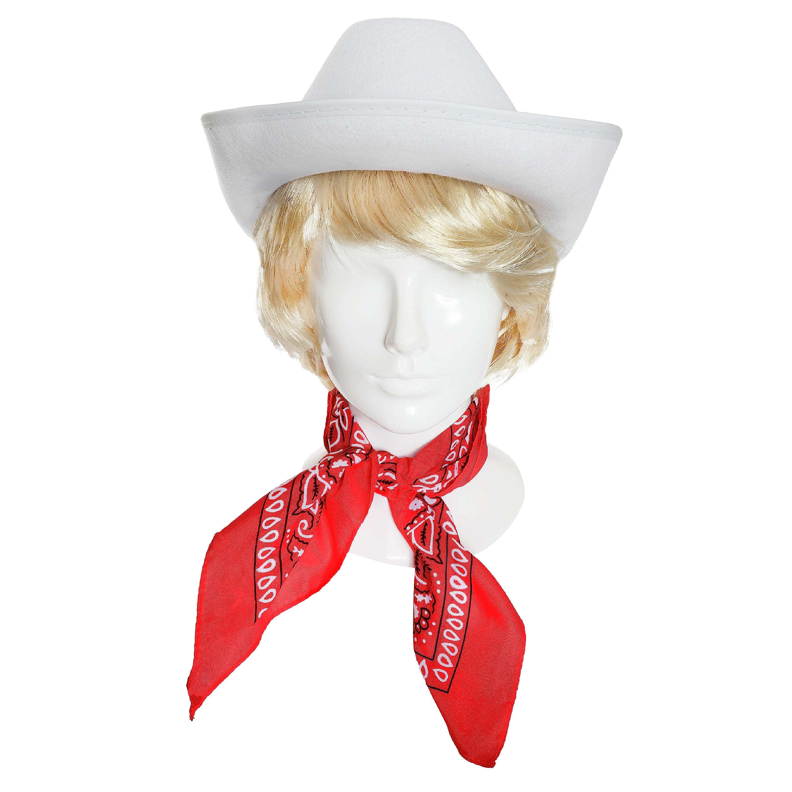 Adults Chocolate Cowboy Accessory Set - White Star-Studded Cowboy Hat, Blonde Wig and Red Paisley Bandana - Adults Stag Party Fancy Dress Costume Accessory Set