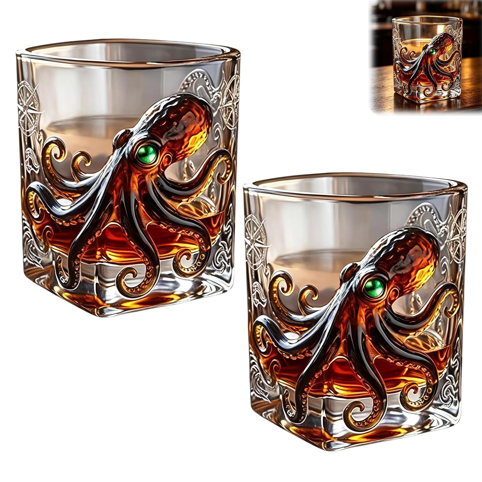 Release the Kraken Glass - Rum Octopus Glass, Sea Legend Pirate-Bar Whiskey Wine Glass, Sea Theme Decor Glasses for Family Members, Friends ，2Pcs
