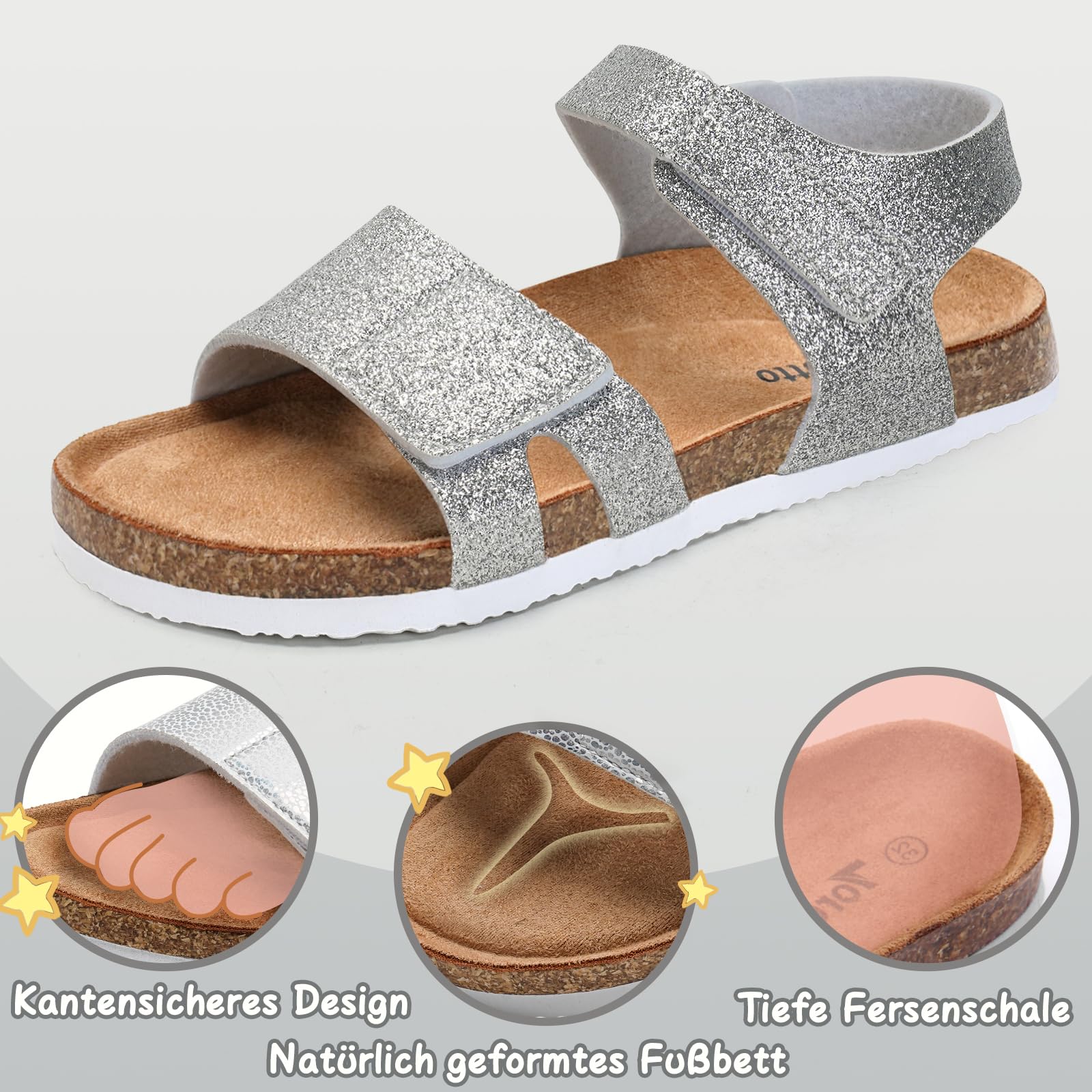 Torotto Sandalen Mädchen Jungen Mit Kork Sandals Kinder Pantoffeln Riemen Verstellbare Schnalle Rutschfeste Mit Klettverschluss Sandaletten für Drinnen und Draußen(Silberner Glitter, 33EU)
