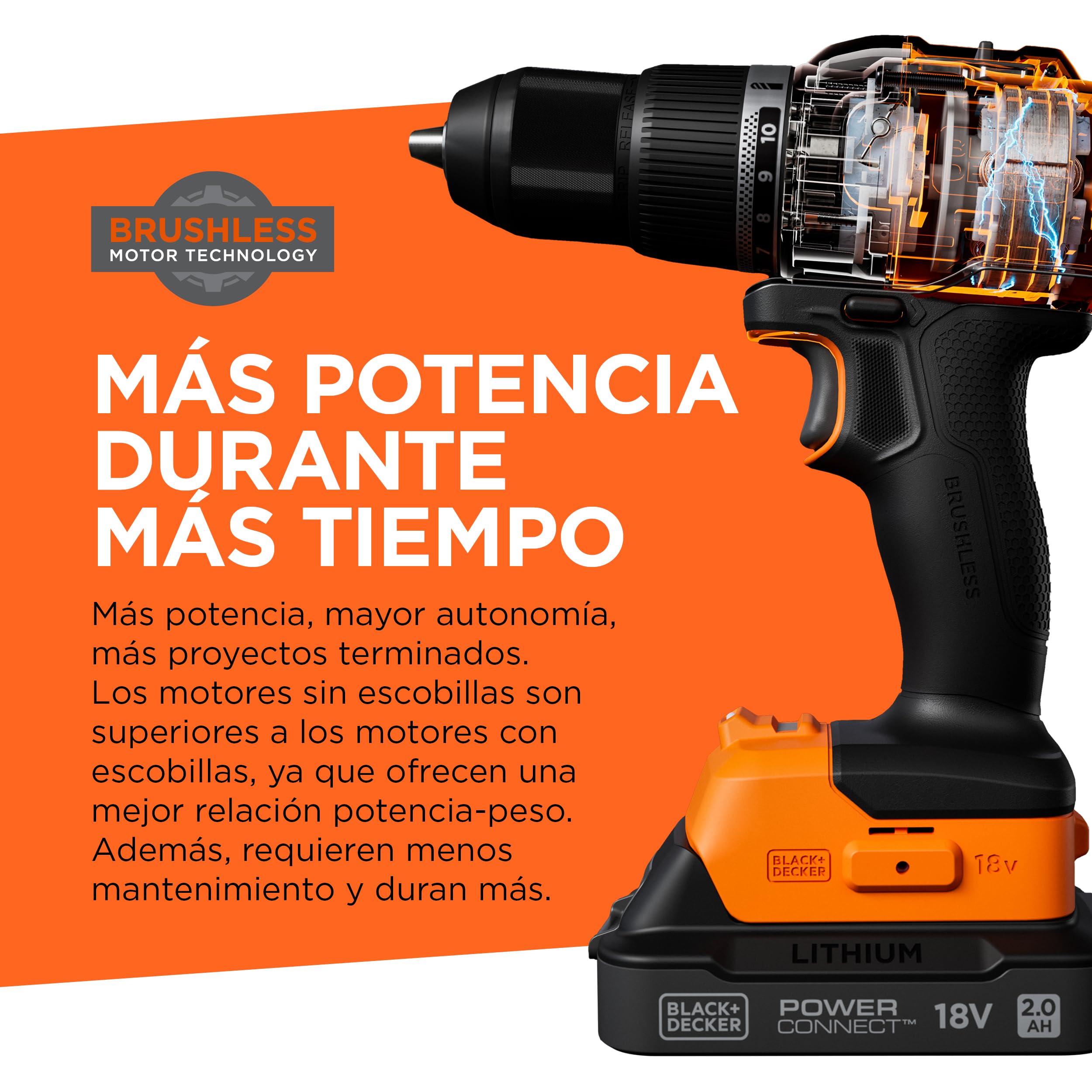 BLACK+DECKER Taladro percutor inalámbrico sin escobillas de 18v con batería de 2,0Ah, cargador, 50 accesorios y maletín de transporte, BLD783D1KA-QW