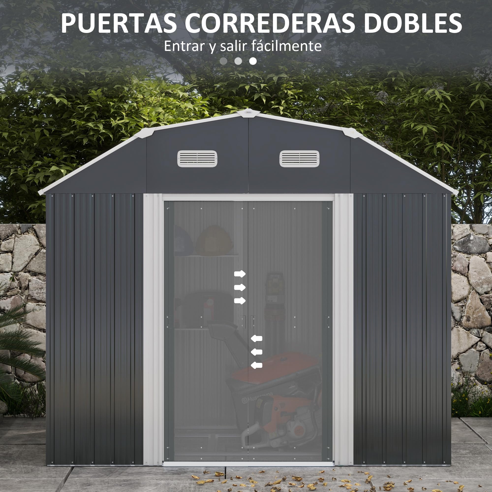 Outsunny Cobertizo de Jardín Exterior 2,7 m² 238x132x198,5 cm Caseta de Jardín para Exterior Metálica con Cerradura Base Estantes Ajustables 2 Ventanas y 2 Puertas Deslizantes Gris Oscuro