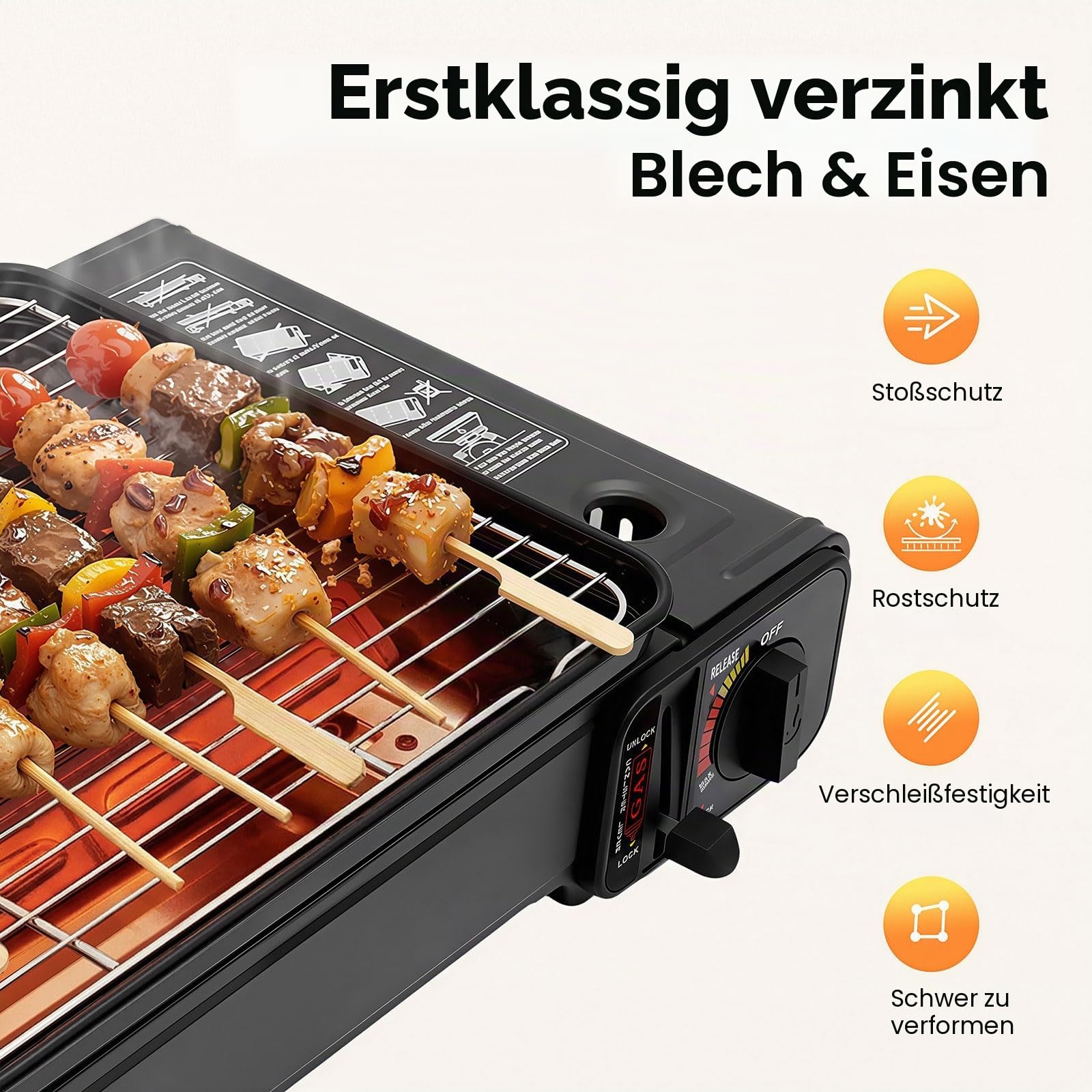 Camping Gasgrill & Gaskocher Outdoor, 2200W Tischgrill Gas Campinggrill Überspannungsschutz mit Fettbehälter, Koffer & 2 Grillnetz, Klein Tischgasgrill Tragbarer für Camping, Terrasse