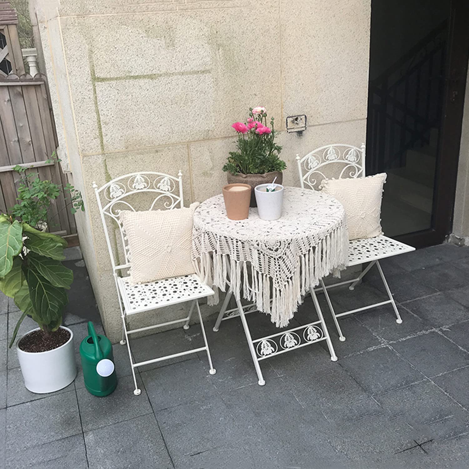 Ensemble de bistrot Rustique en métal Blanc, intérieur/extérieur, 3 pièces, Tables d'appoint Pliantes et 2 chaises d'extérieur, Tables Basses en métal forgé, Tables