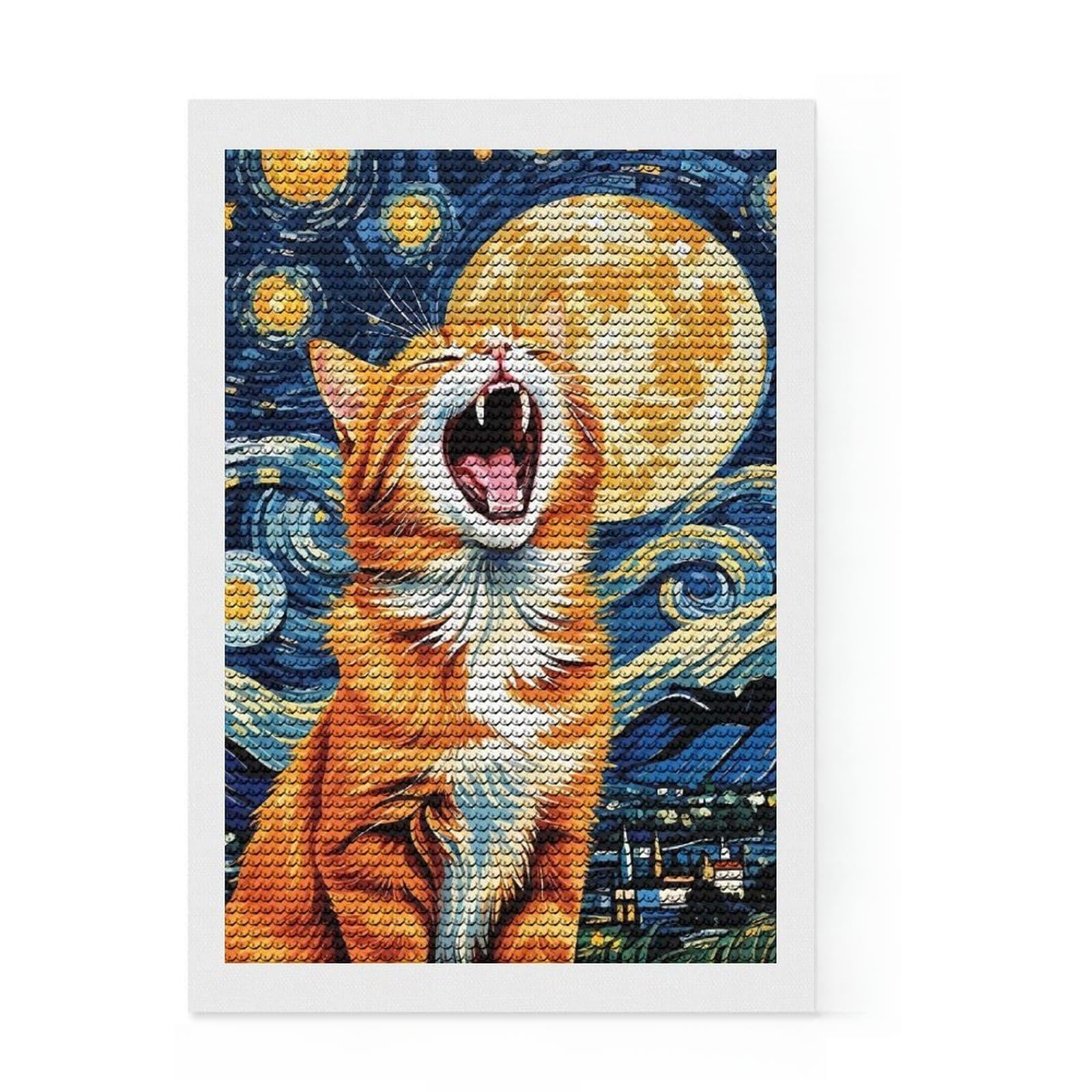 Junmoney Orange Cat in Starry Night Diamond Art Canvas 8"x12", Home Wall Decor, for Craft Lovers, Stress Relief Craft, Holiday Gift Idea