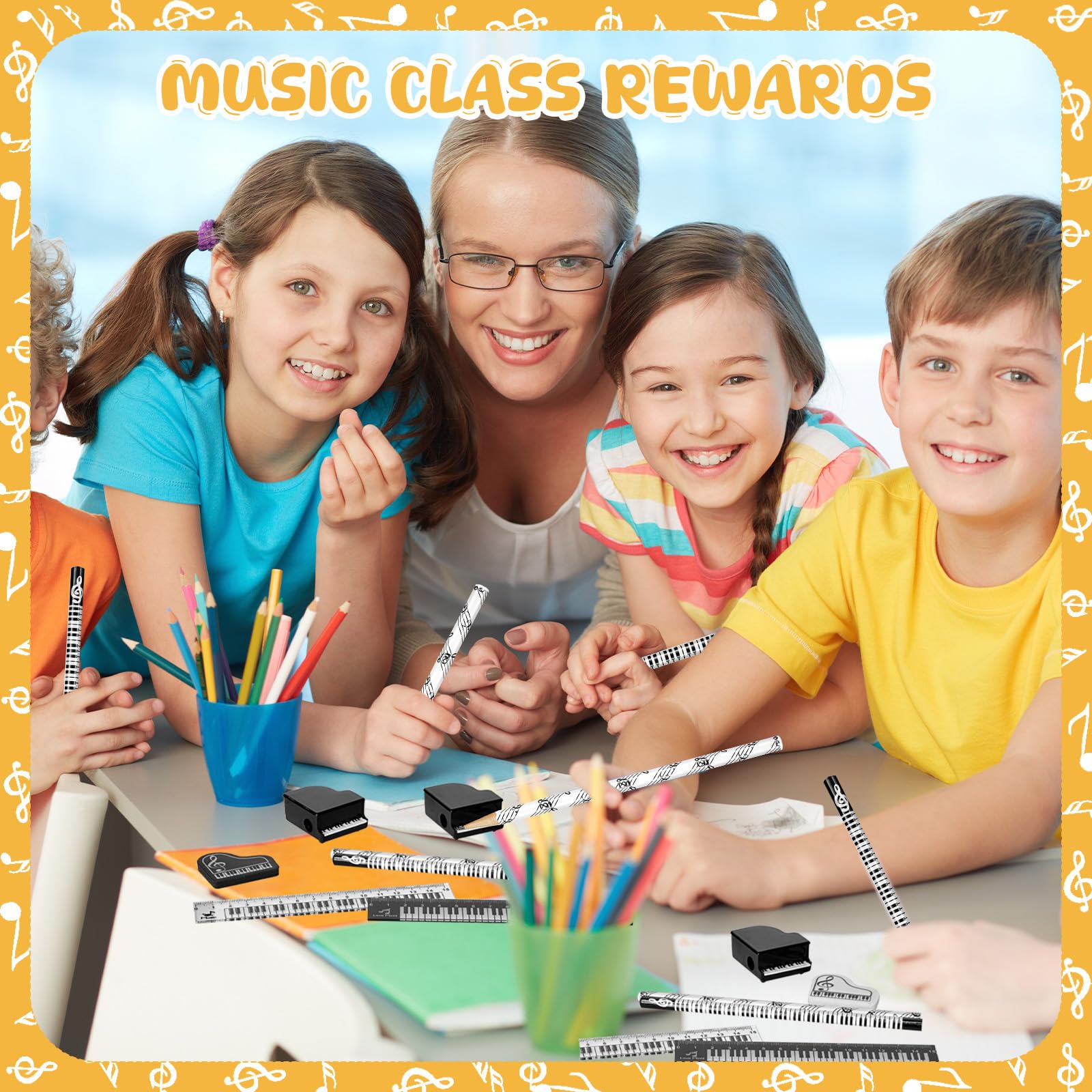 Juego de 30 piezas de papelería para fiestas musicales, incluye notas musicales, lápices, borradores, clips de papel, reglas de piano y sacapuntas para estudiantes, profesores, regalos de regreso a
