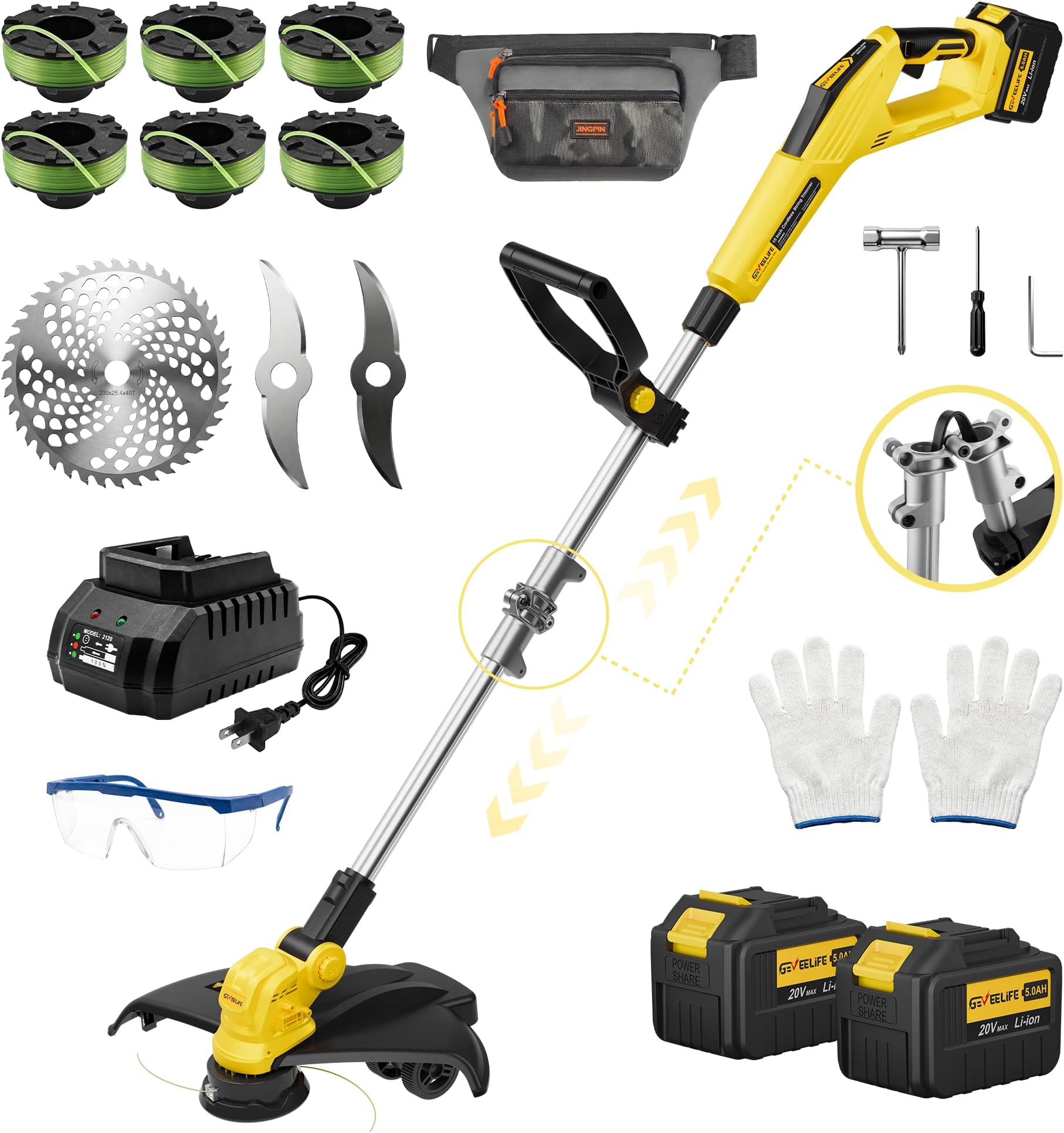 GEVEELIFE Electric Weed Wacker String Trimmer,21V Cordless Weed Eater and Edger, 4 in 1 Lawn Tool with 15" Cutting Width, 2 x 5.0Ah Batteries and Charger, Eco Friendly Grass Cutter-Bright Yellow