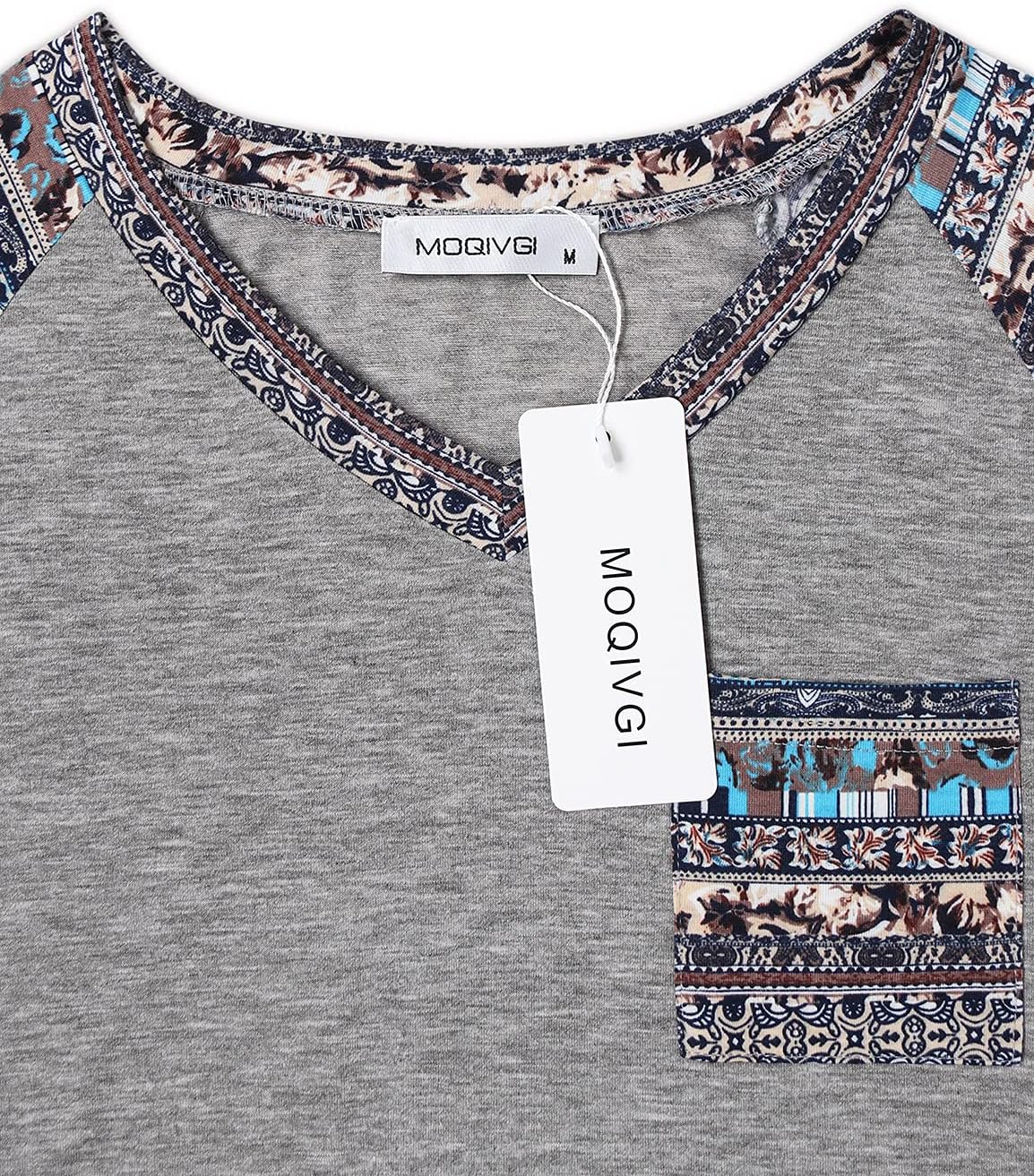 MOQIVGI Womens Color Block Tops Trendy Casual Side Shirring Short Sleeve V Neck Shirts with Pocket - Image 3