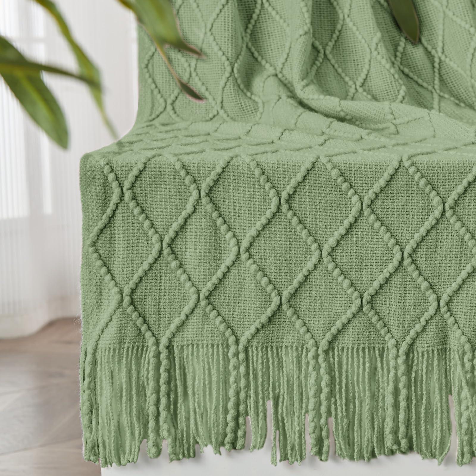 inhandSpring Light Green Knit Throw Blanket for Couch, Soft Living Room Home Decor Knitted Blanket with Tassel, Outdoor Lightweight Breathable Summer Blanket, Farmhouse Warm Woven Decorative, 50"x60"