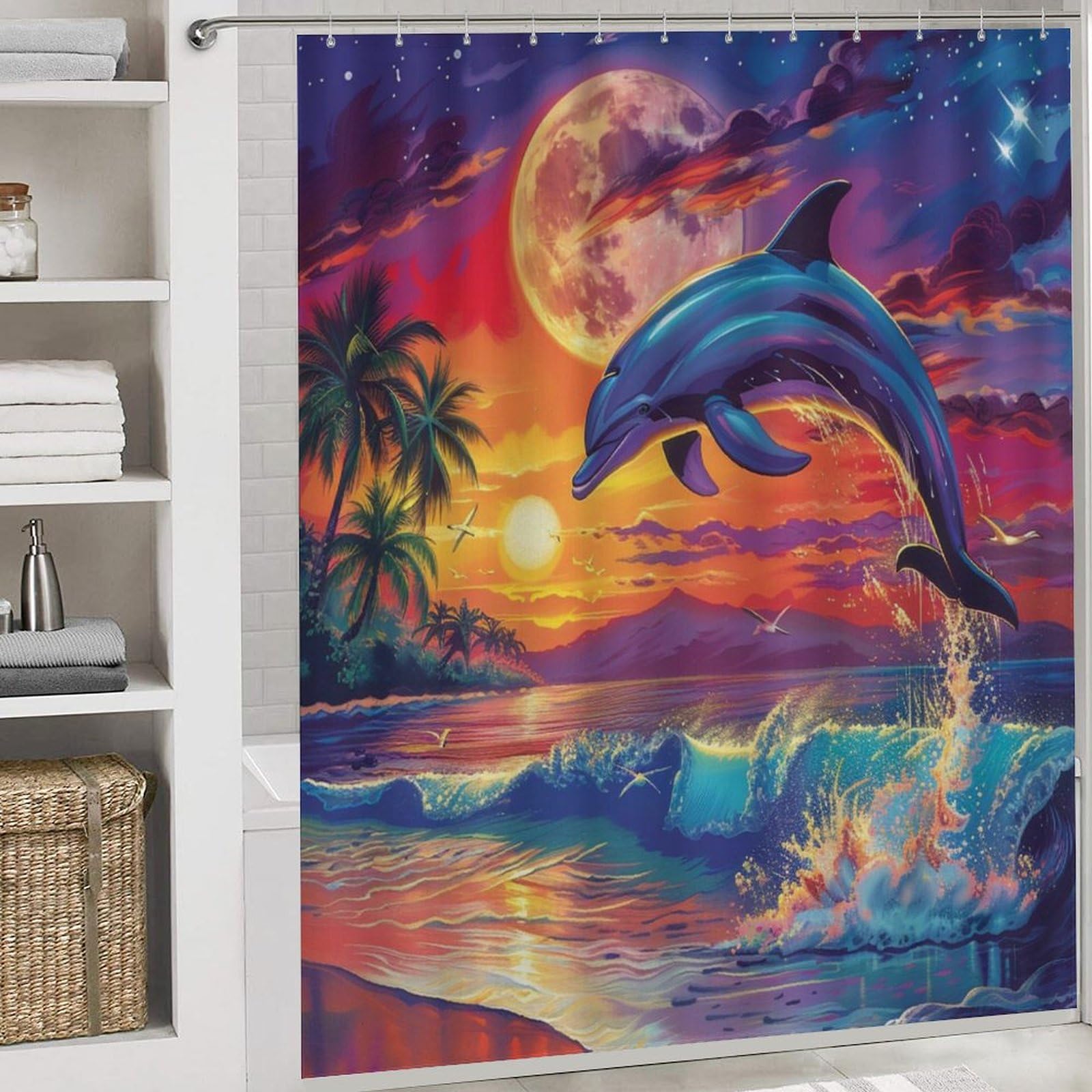 Shower Curtain And Bath Mat Set BIPOOBEE No Hook Diamond Dolphin Shower  Curtain With Snap Blue Dolphin, image size:1600x1600