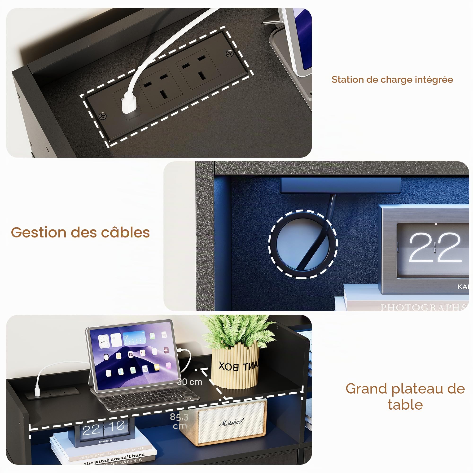 IRONCK Commode de Rangement Moderne avec lumière LED et Station de Charge, 9 tiroirs en Tissu et 3 étagères Ouvertes en Bois, pour Chambre à Coucher, Salon, Couloir, Placard (Noir)
