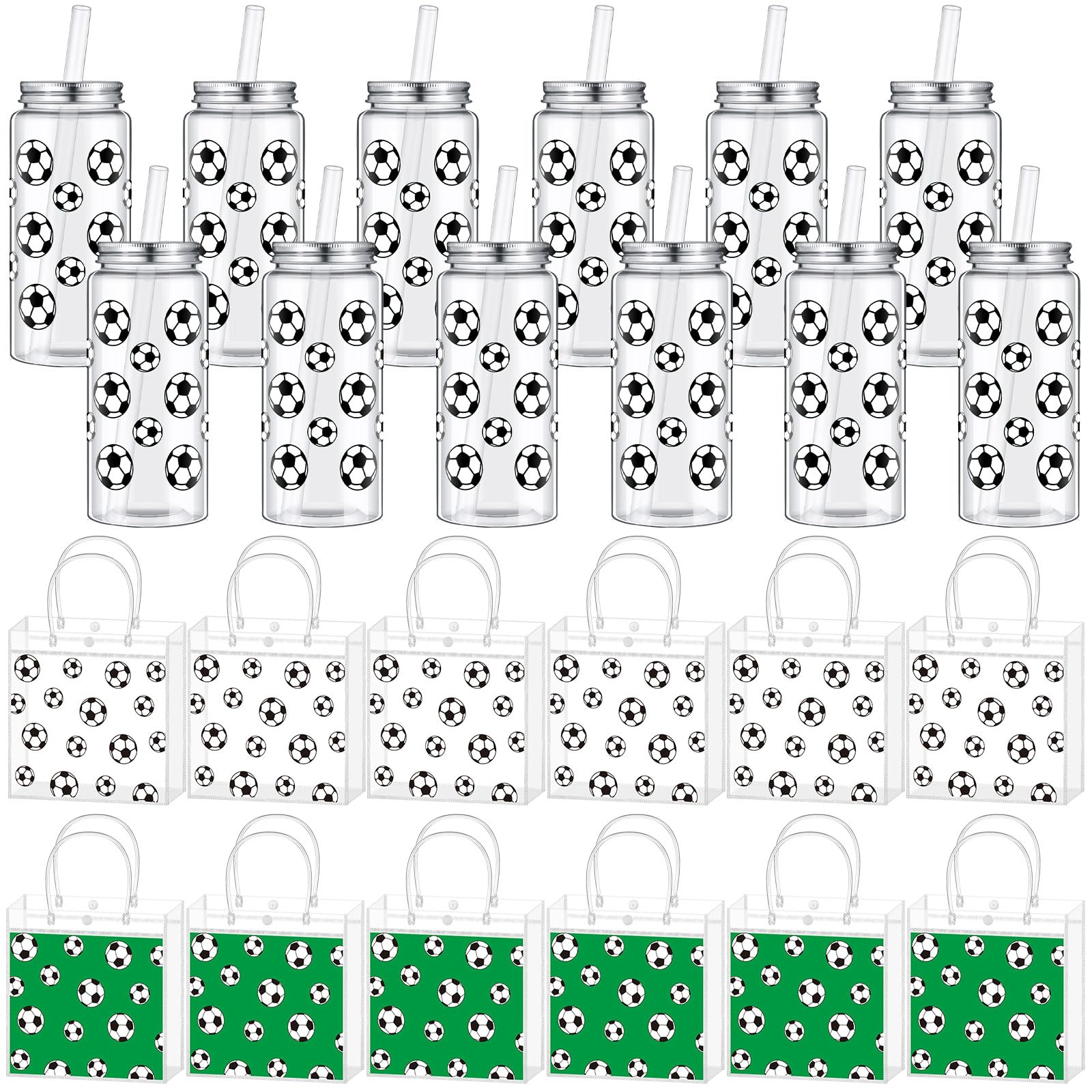 Reallnaive 24 bolsas de regalo de PVC transparentes de 7.9 x 7.9 x 3.5 pulgadas y botellas deportivas de plástico transparente reutilizables de 14.7 onzas con tapa y popote para regalos de equipo