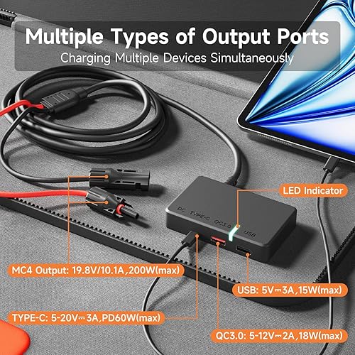 Miniatura 3 de Panel solar portátil de 200 W para estación de energía, cargador de panel solar plegable ETFE de alta eficiencia al 24%, QC3.0, tipo C 60W, salida