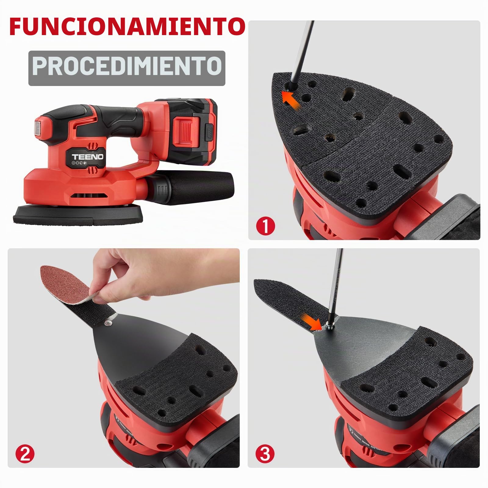 TEENO Lijadora inalámbrica con batería 3 en 1, lijadora Delta de 20 V con batería de 2 A, lijadora de detalles de 13000 rpm con bolsa de recogida de polvo, 15 hojas de papel abrasivo, 140 x 96,6 mm