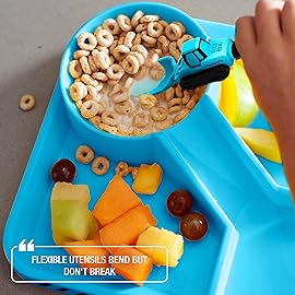 Dinneractive Utensil Set for Kids - Construction Themed Toddler Forks and Spoons, Toddler Utensils - 2-Piece Set - Blue Construction Utensils for Toddlers - Loader & Tractor Toddler Spoons and Forks