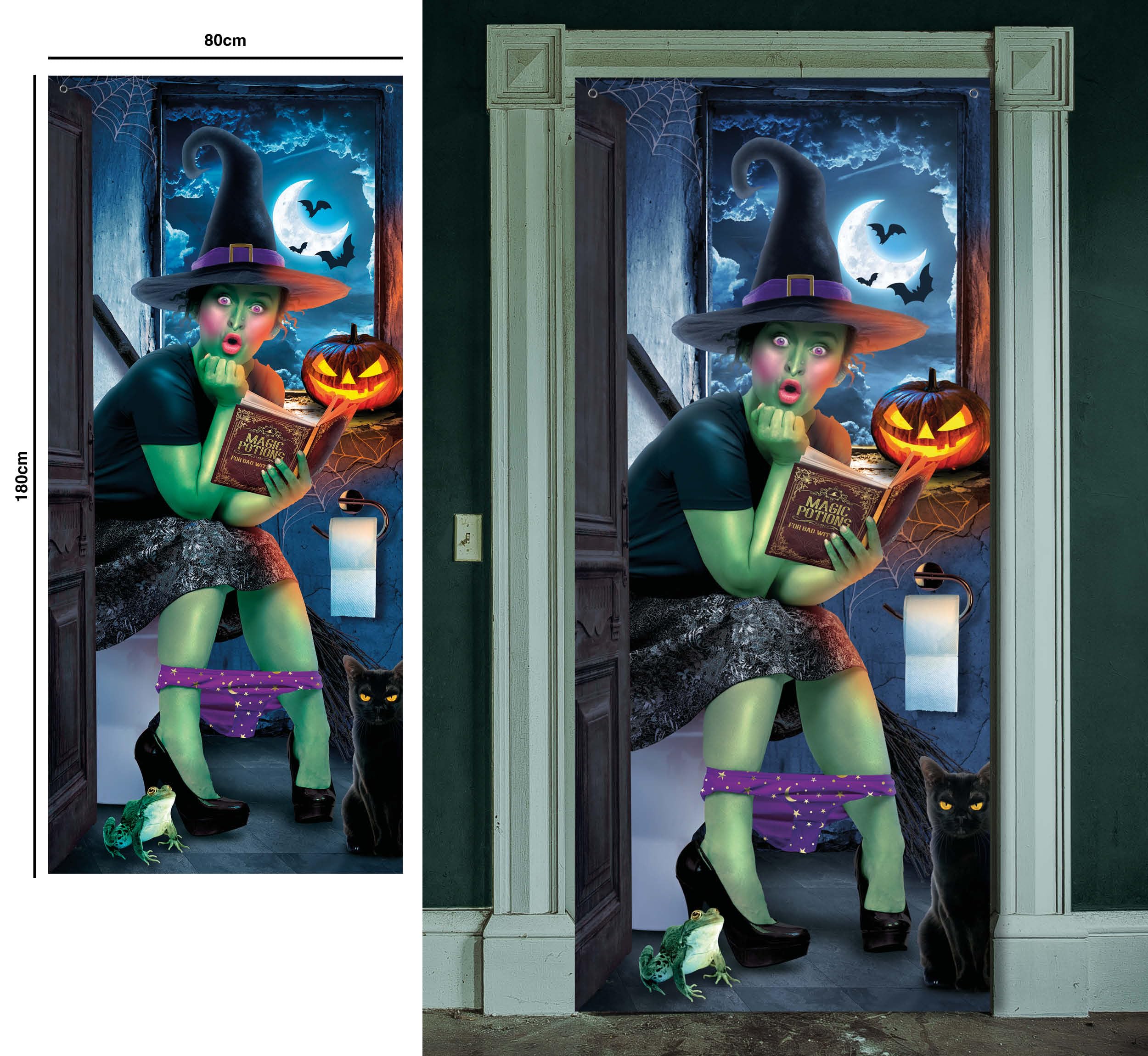FIESTAS GUIRCA | Surprised Witch Door Decoration (80x180 cm) - Wall, Door and Window Ornament - Ideal for Halloween Parties and Spooky Celebrations - Multicoloured