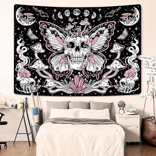 Miniatura 3 de kampdream Tapiz floral de calavera, esqueleto, hongo, gótico, jardín, tapiz estético para dormitorio (60.00 x 80.00 pulgadas, negro rosa)
