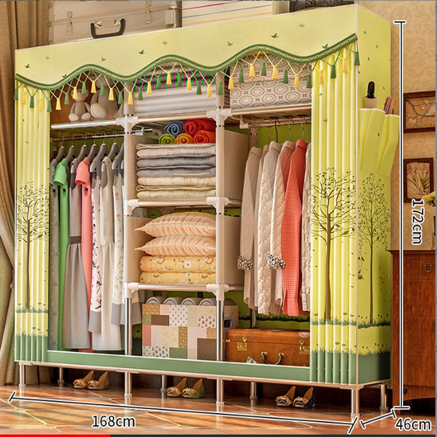 Wardrobe Portable Canvas Wardrobe, Foldable Clothes Closet Storage Organizer for Bedroom, Fabric Wardrobe with Hanging Rail,E-168x46x172cm