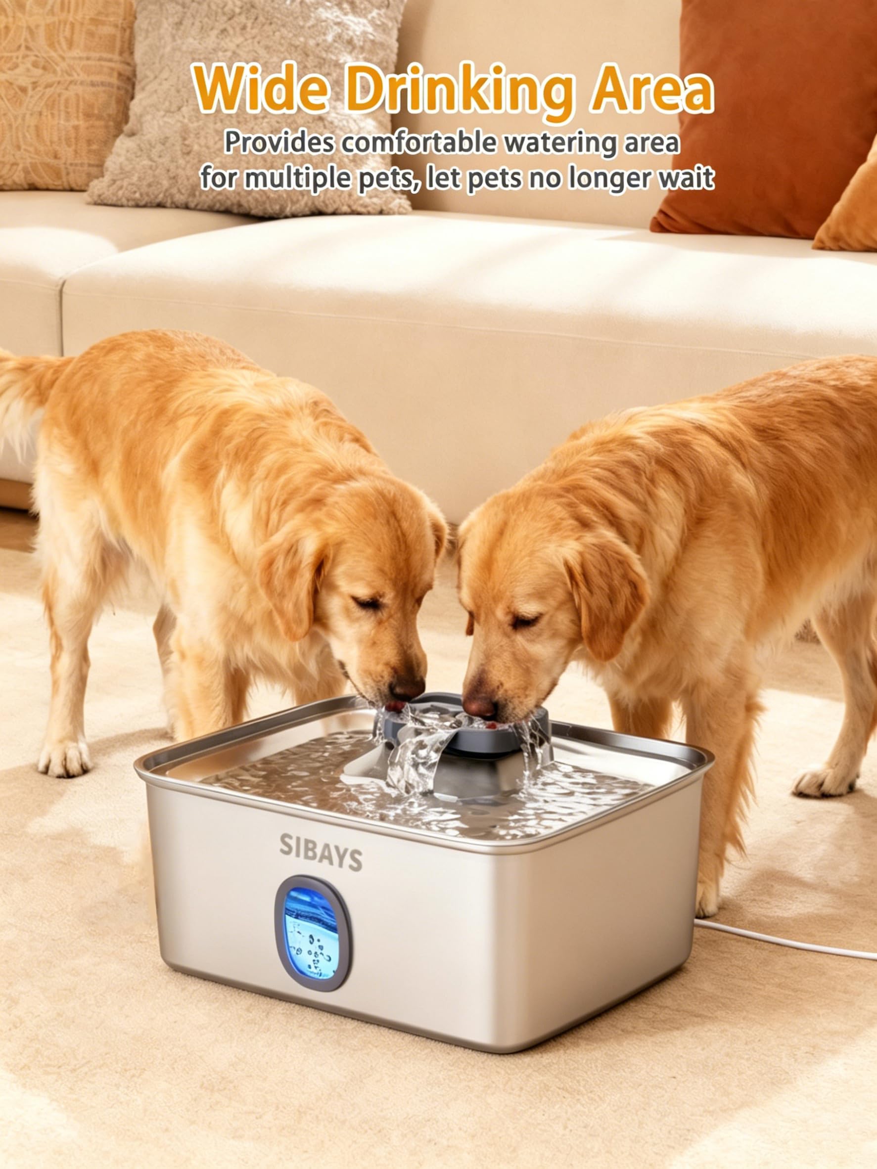 SIBAYS Fuente de agua grande para perros de 4 galones/15 L, fuente de acero inoxidable para mascotas con ventana de agua y luz LED, dispensador automático ultra silencioso para perros grandes y