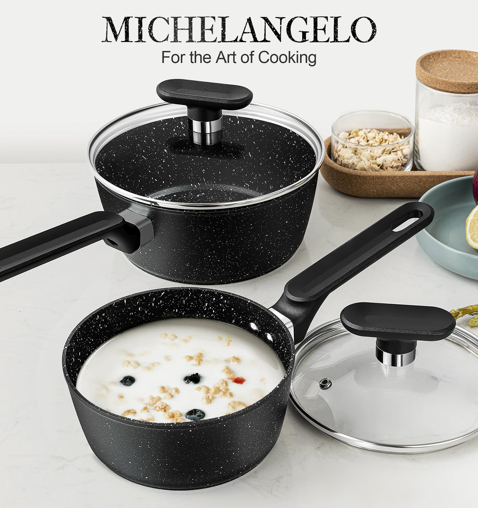 MICHELANGELO Saucepan Set, Nonstick Granite Sauce Pan with Lids 1.5 Quart & 2.5 Qaurt, Small Pot Set with Lids, Nonstick Saucepans with Lid, Stone Pot Set